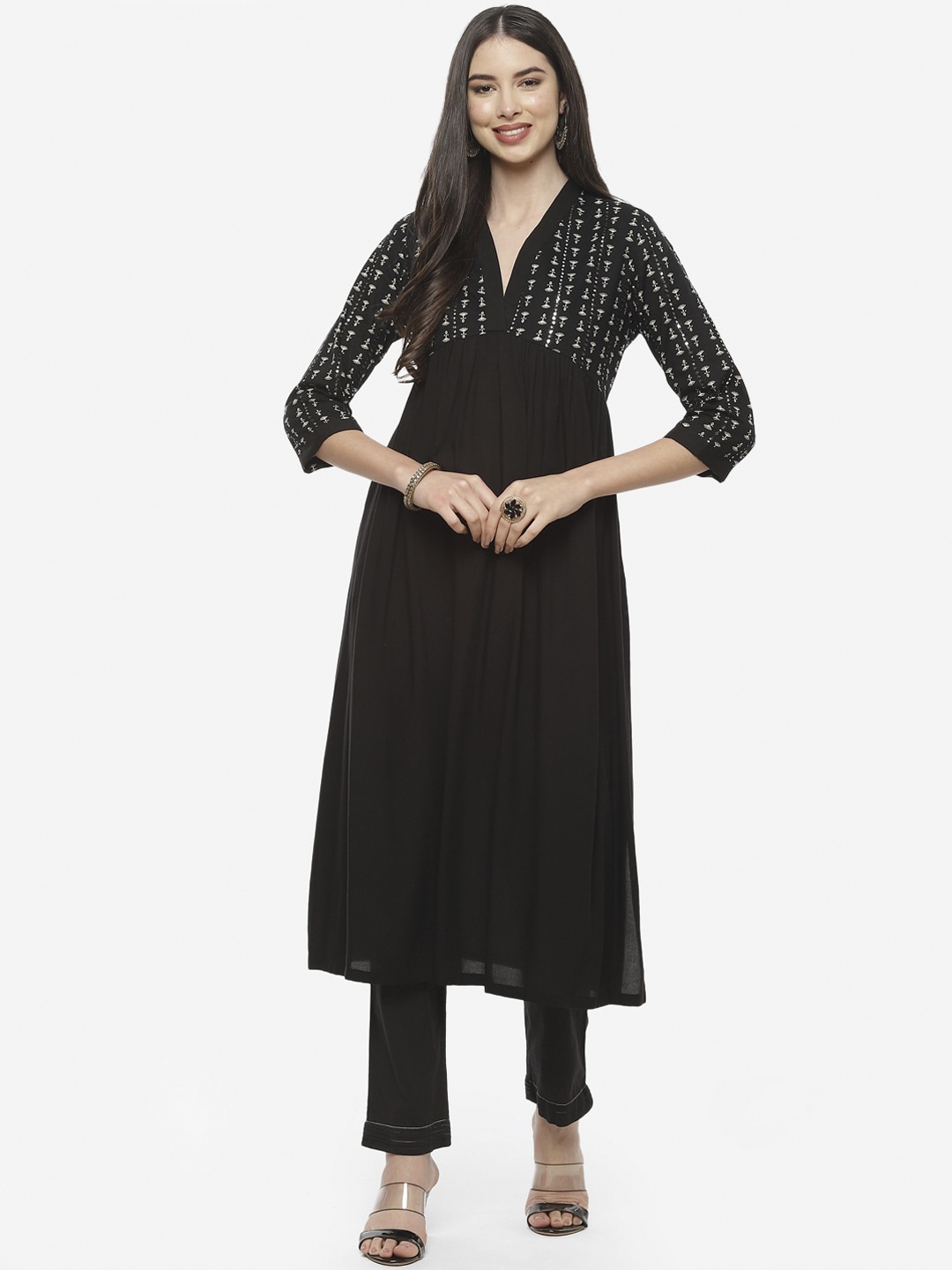 

Biba Women Black & White Printed Pleated Kurta With Salwar