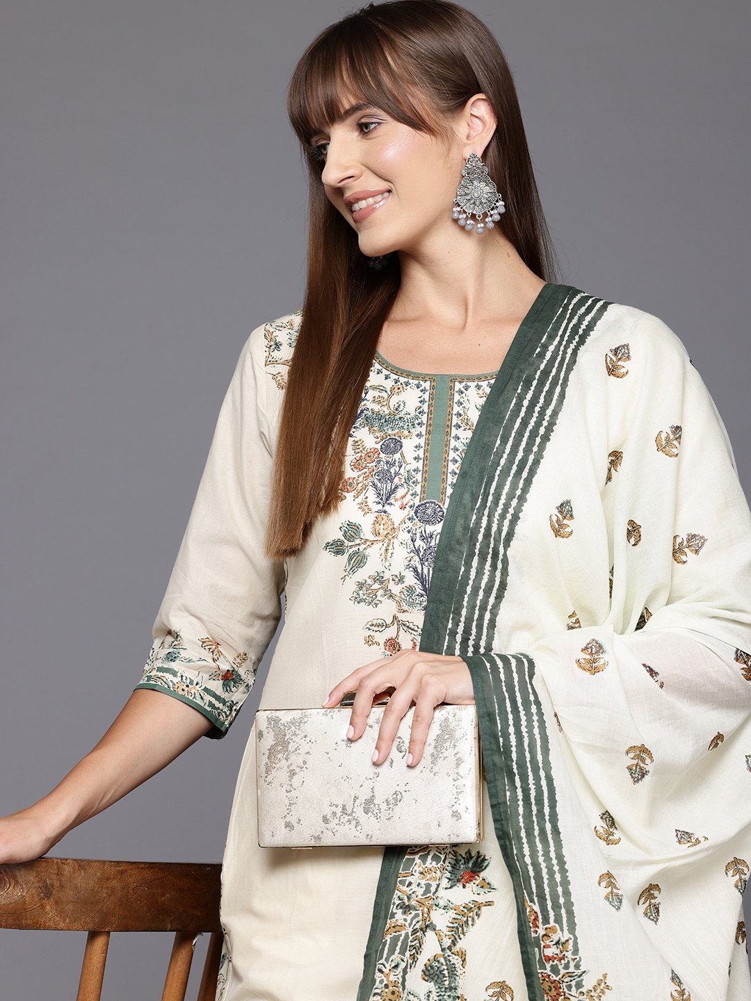 

Biba Floral Print Pure Cotton Kurta with Palazzos & Dupatta, Cream