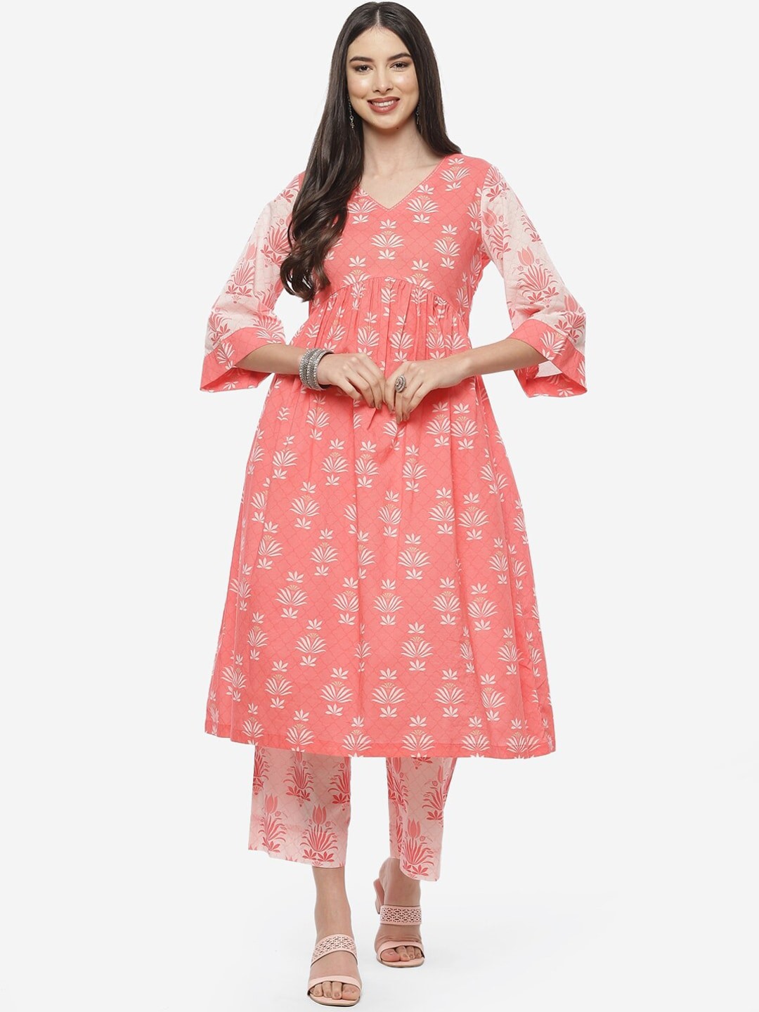 

Biba Women Peach-Coloured Floral Printed Pure Cotton Kurta With Palazzo Set