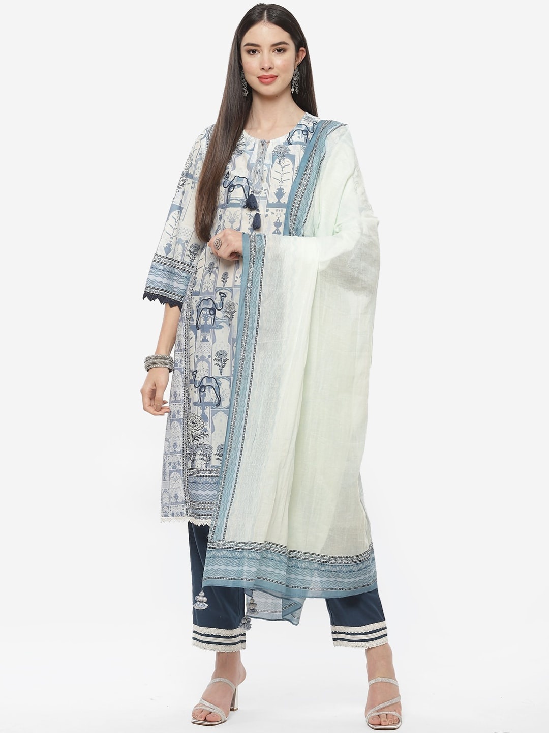 

Biba Women Navy Blue Printed Pure Cotton Kurta with Trousers & With Dupatta