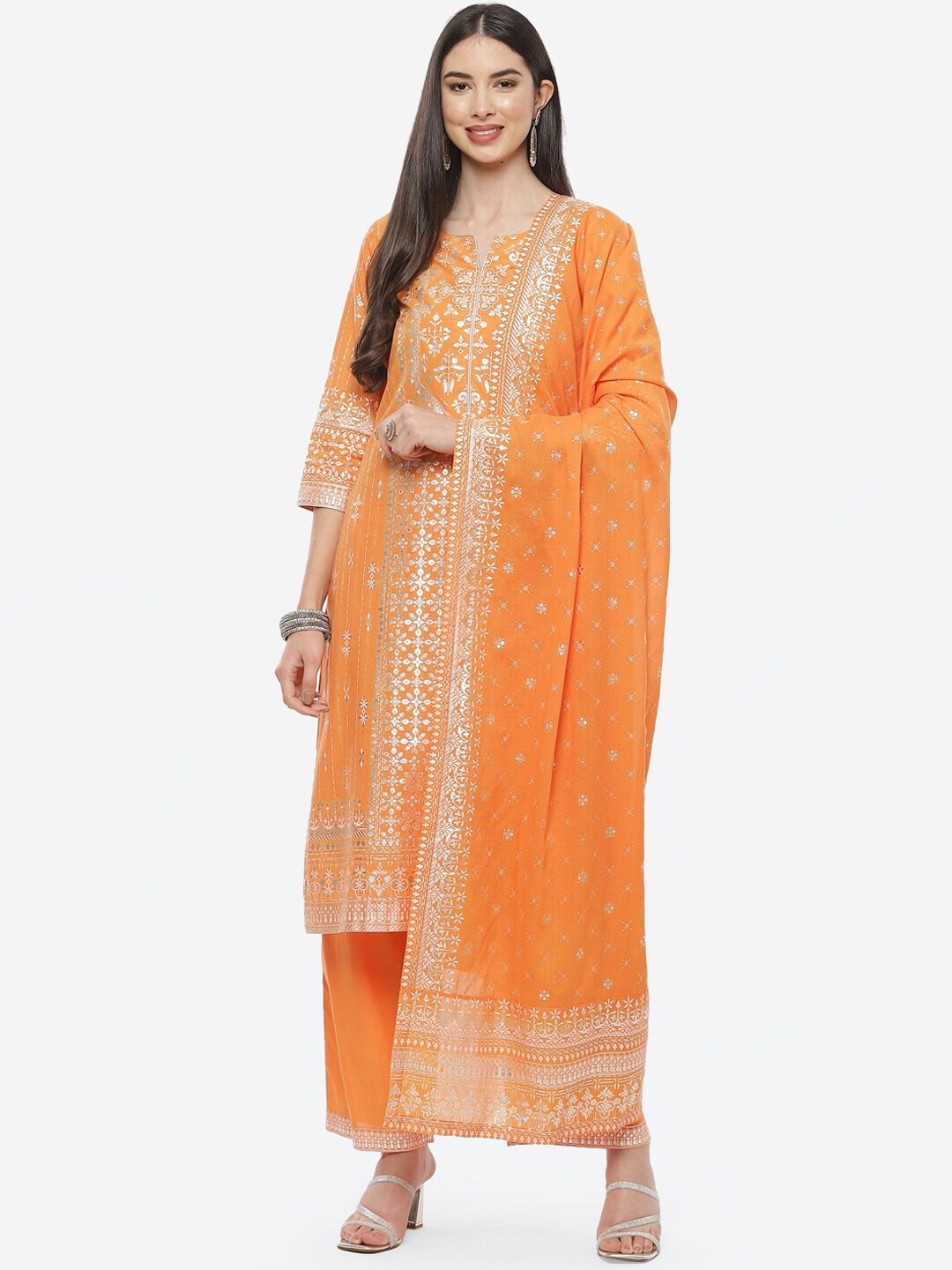 

Biba Women Orange Ethnic Motifs Printed Pure Cotton Kurta with Trousers & With Dupatta