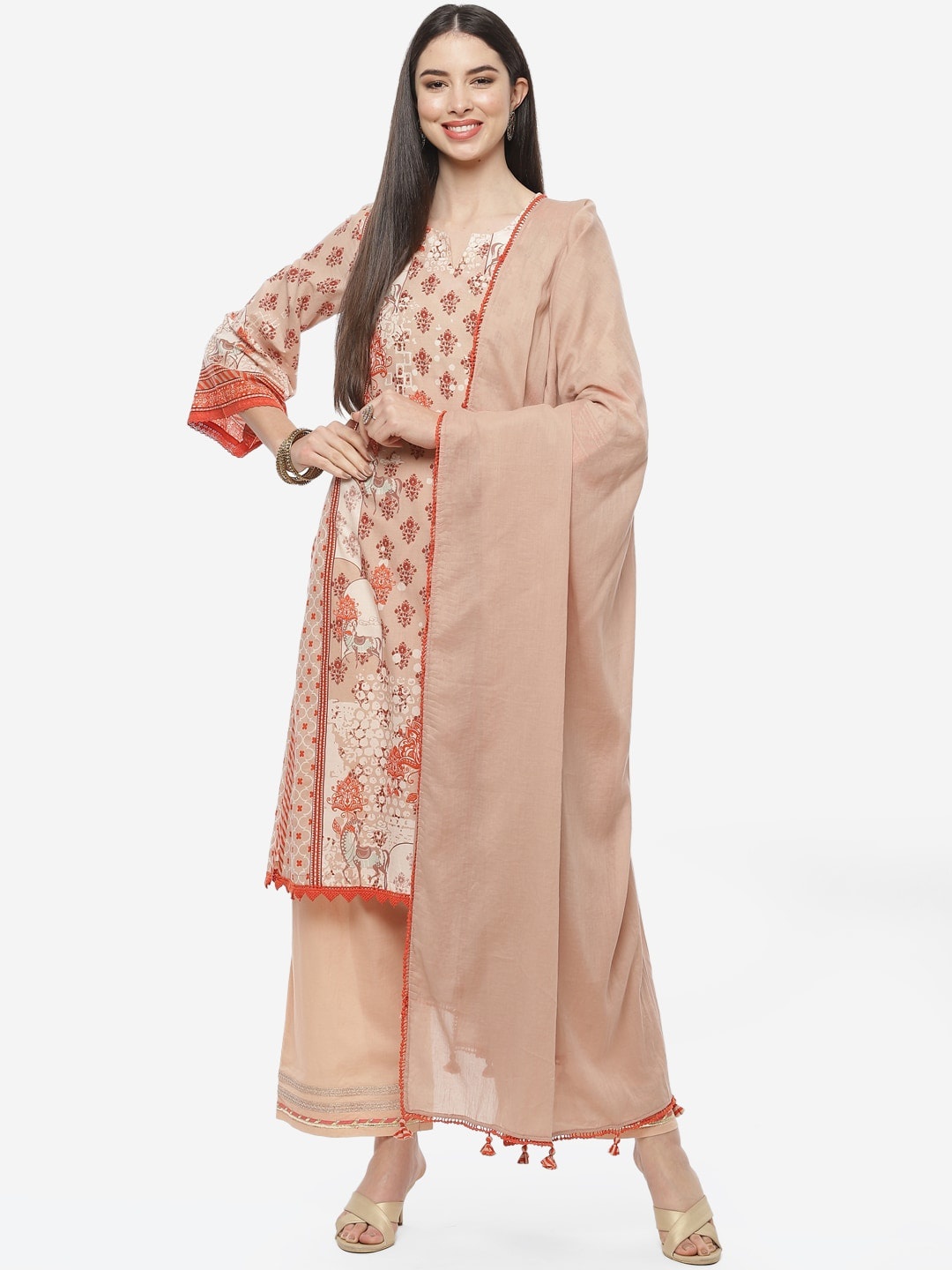 

Biba Women Brown Ethnic Motifs Printed Kurta with Palazzos & With Dupatta