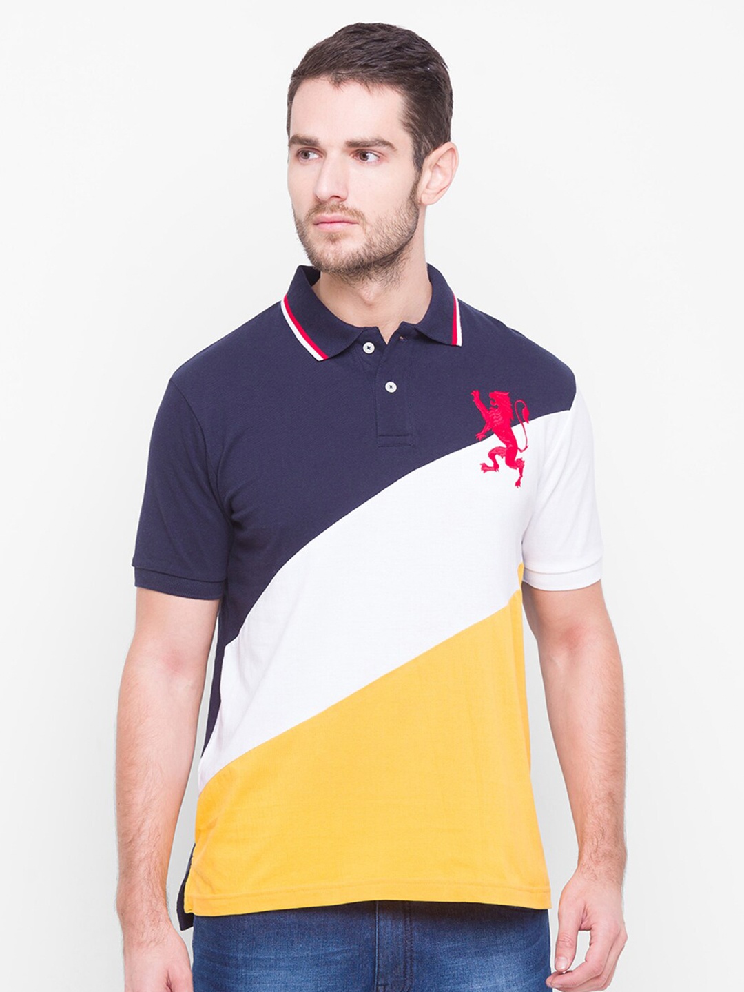 

GIORDANO Men Navy Blue & White Cotton Colourblocked Polo Collar Slim Fit T-shirt