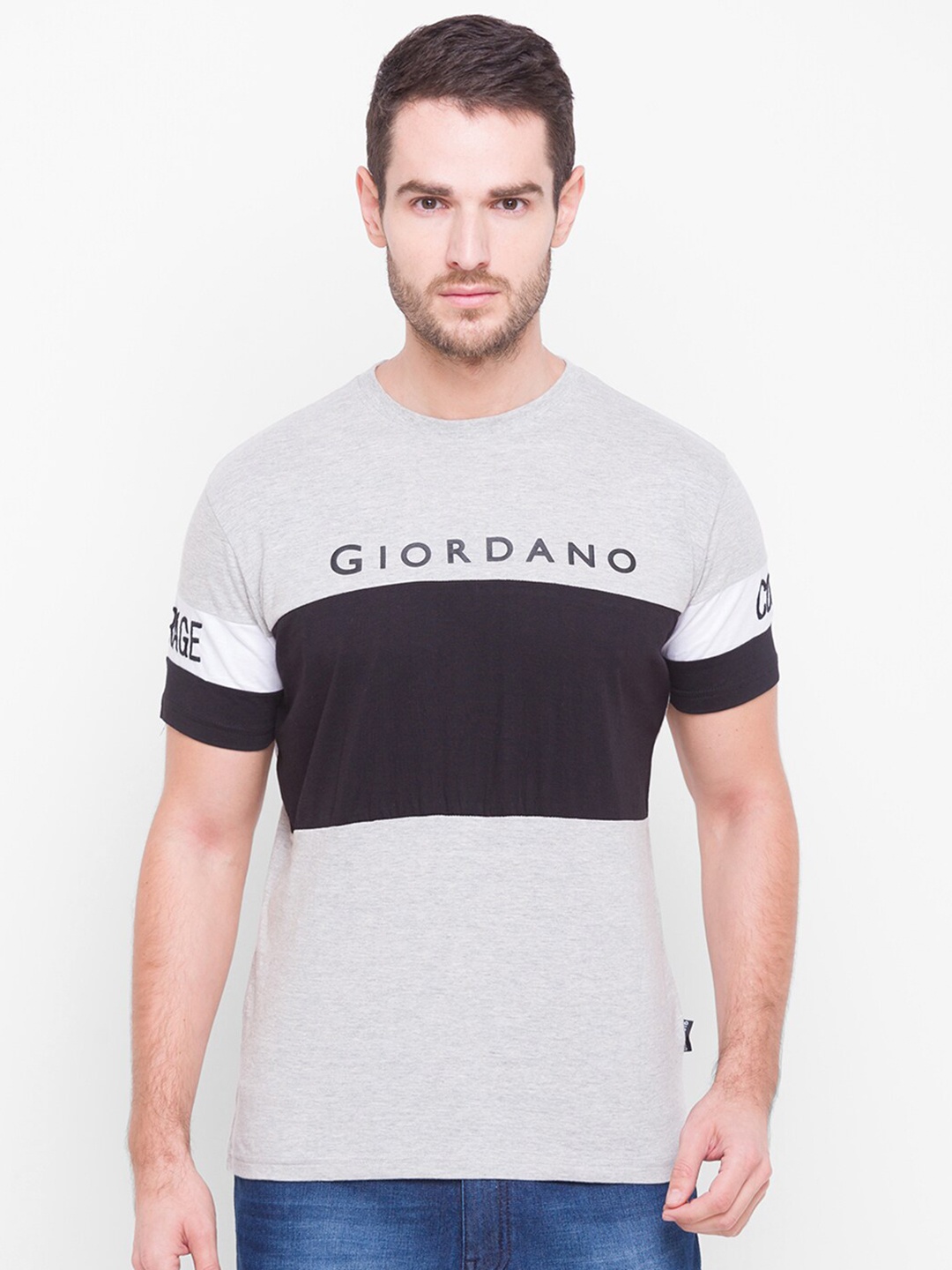 

GIORDANO Men Grey Melange & Black Colourblocked Cotton Slim Fit T-shirt