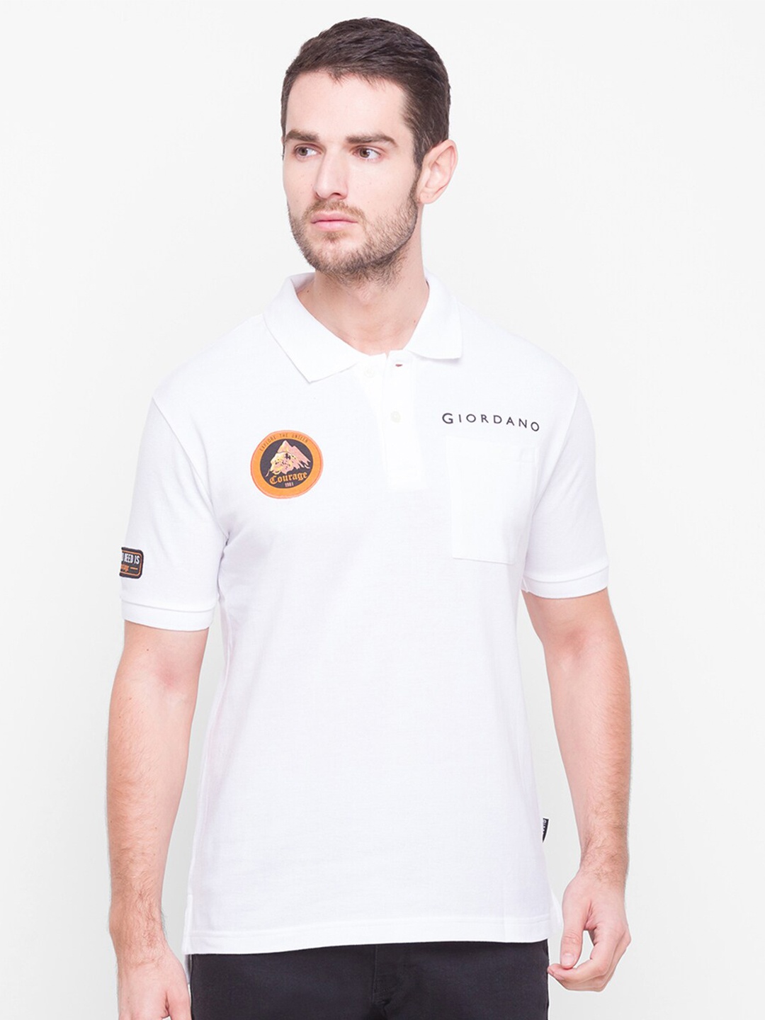 

GIORDANO Men White Cotton Brand Logo Detail Polo Collar Slim Fit T-shirt