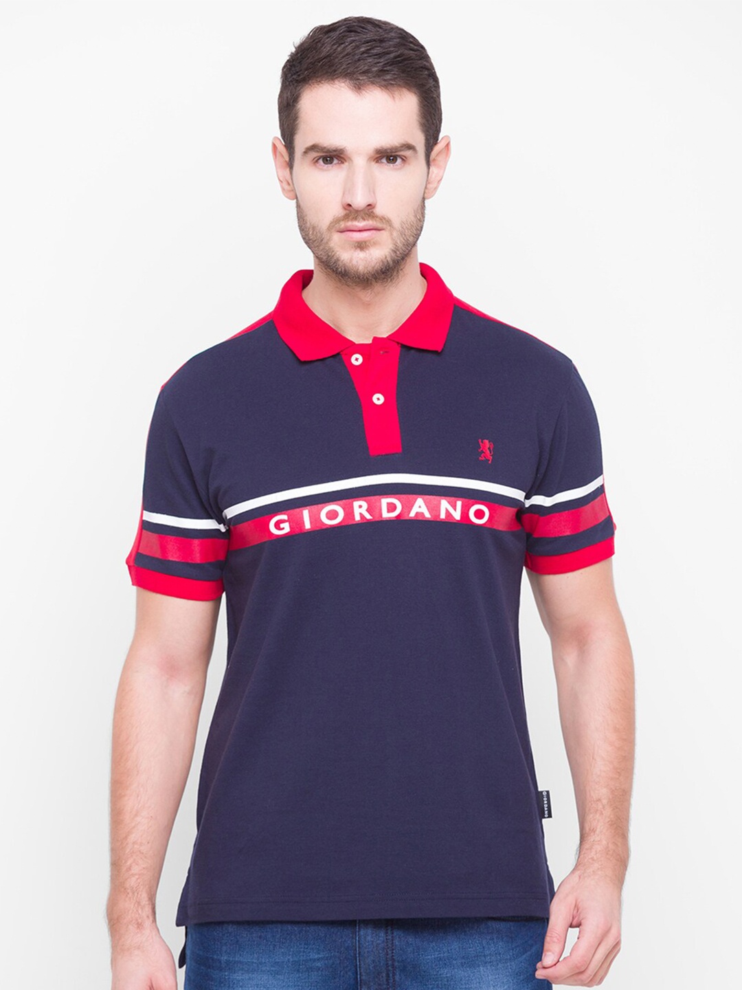

GIORDANO Men Navy Blue & Red Typography Printed Polo Collar Slim Fit T-shirt