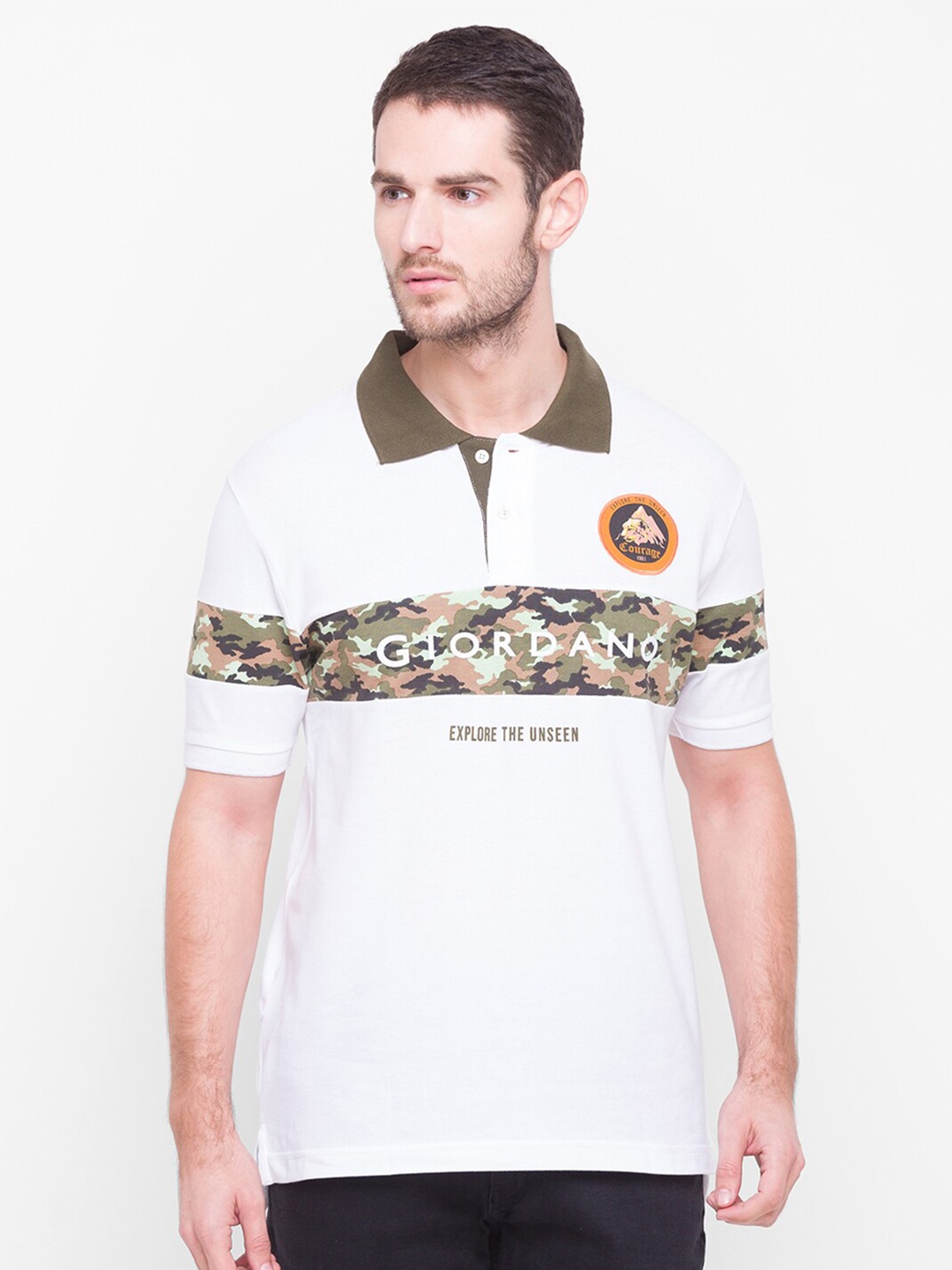 

GIORDANO Men White & Olive Green Cotton Camouflage Print Polo Collar Slim Fit T-shirt
