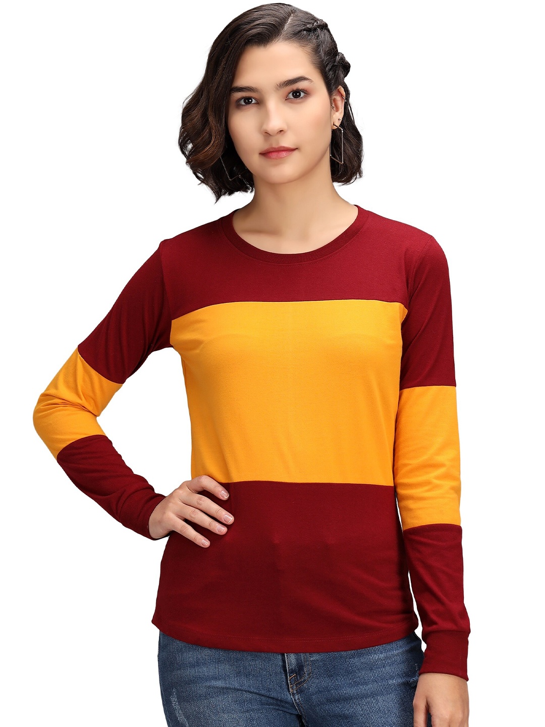 

PockMAN Women Maroon & Mustard Yellow Colourblocked Anti Odour T-shirt