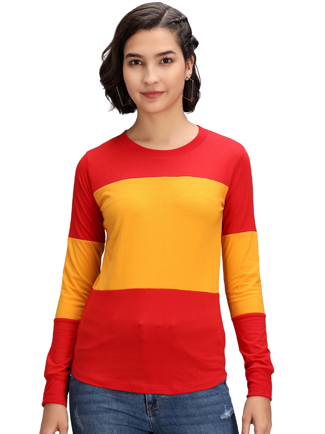 

PockMAN Women Red & Mustard Colourblocked T-shirt