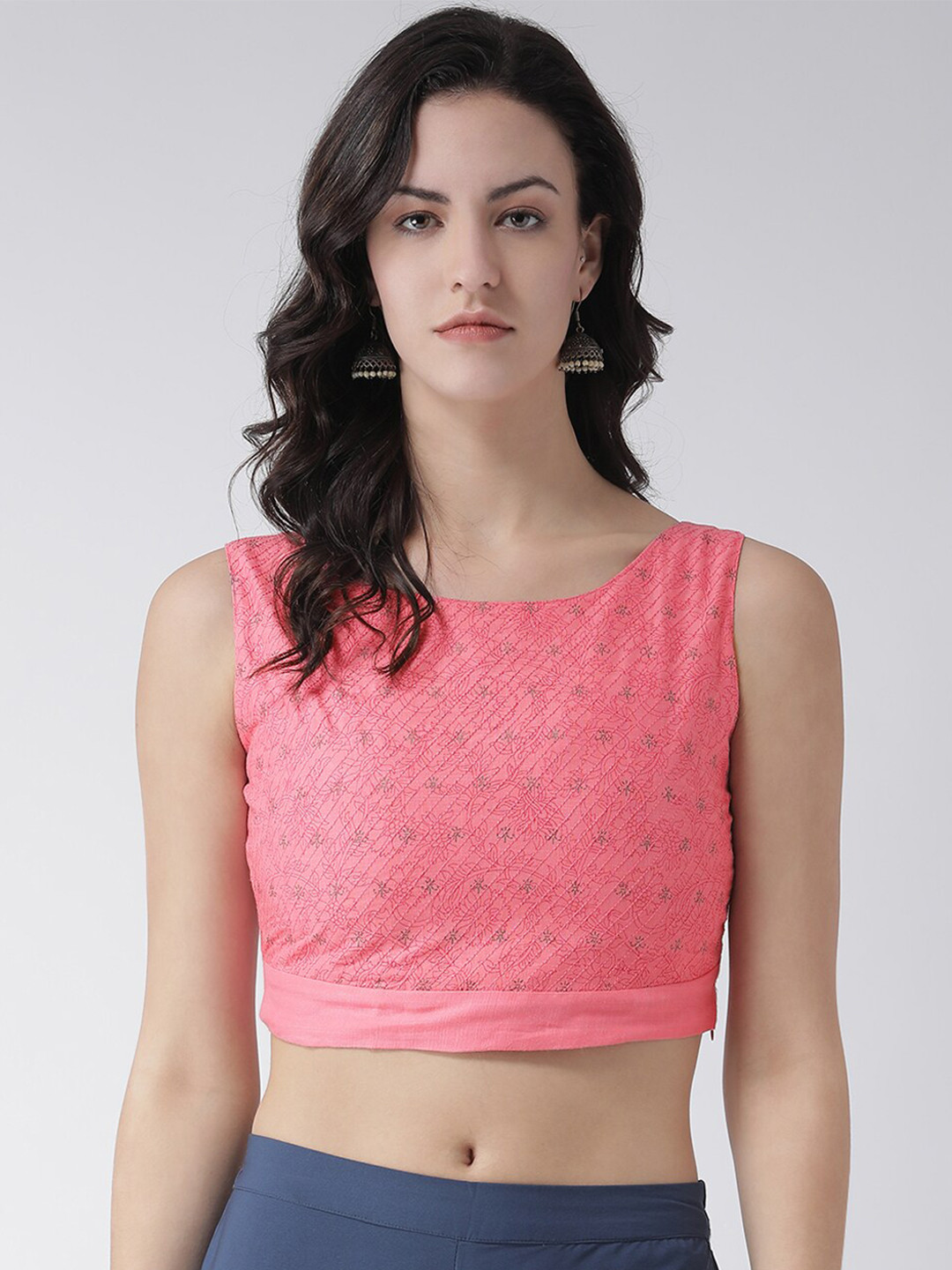 

Span Pink Floral Embroidered Crop Top