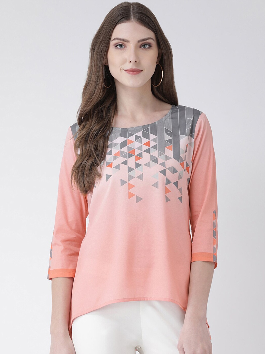 

Span Women Peach-Coloured & Grey Geometric Print Crepe High-Low Top