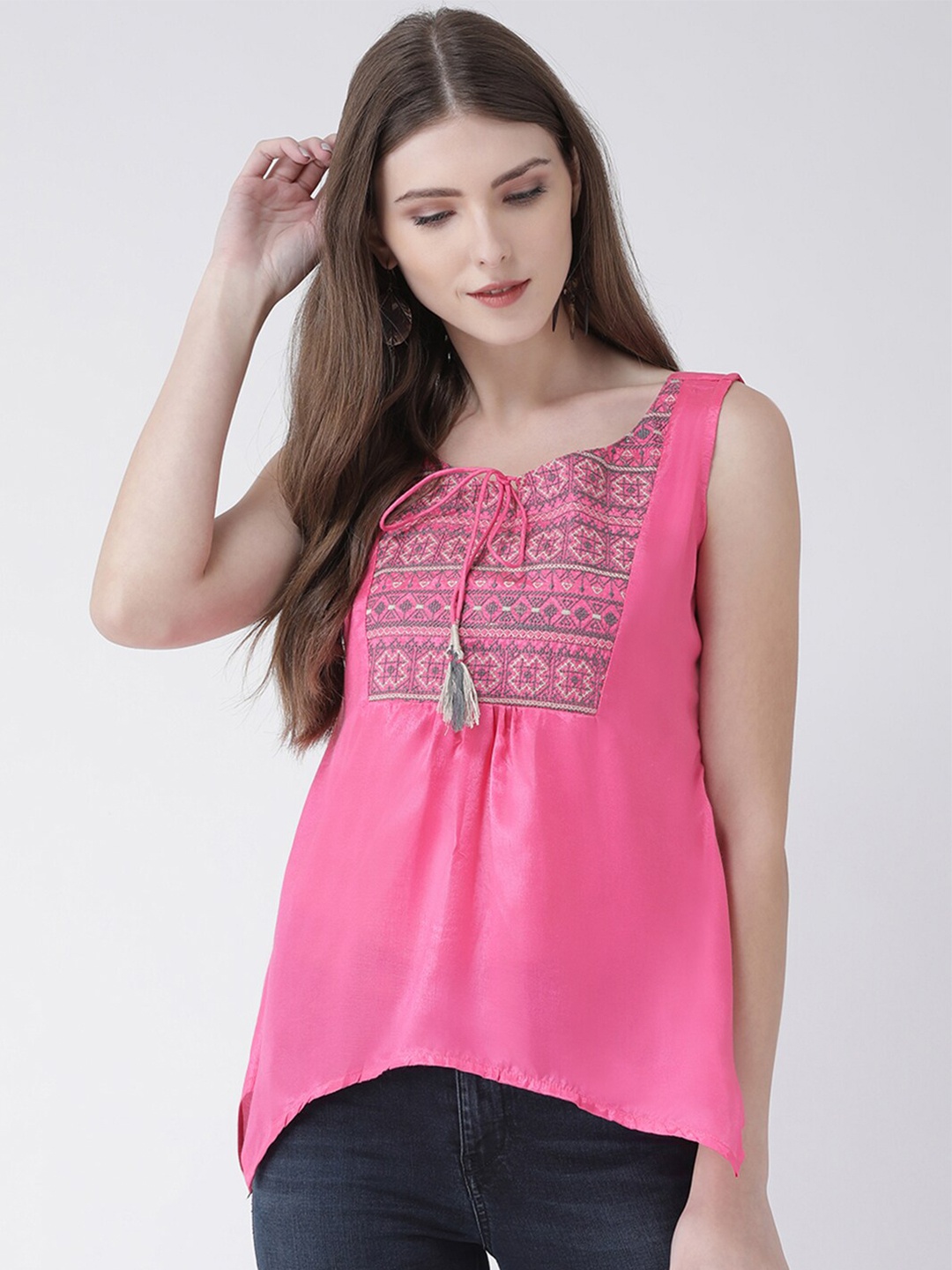 

Span Women Pink Print Tie-Up Neck Embroidered Top