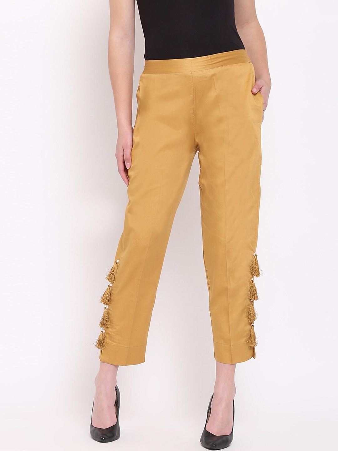

RIVI Women Gold-Toned Tassel Embellished Cropped Trousers