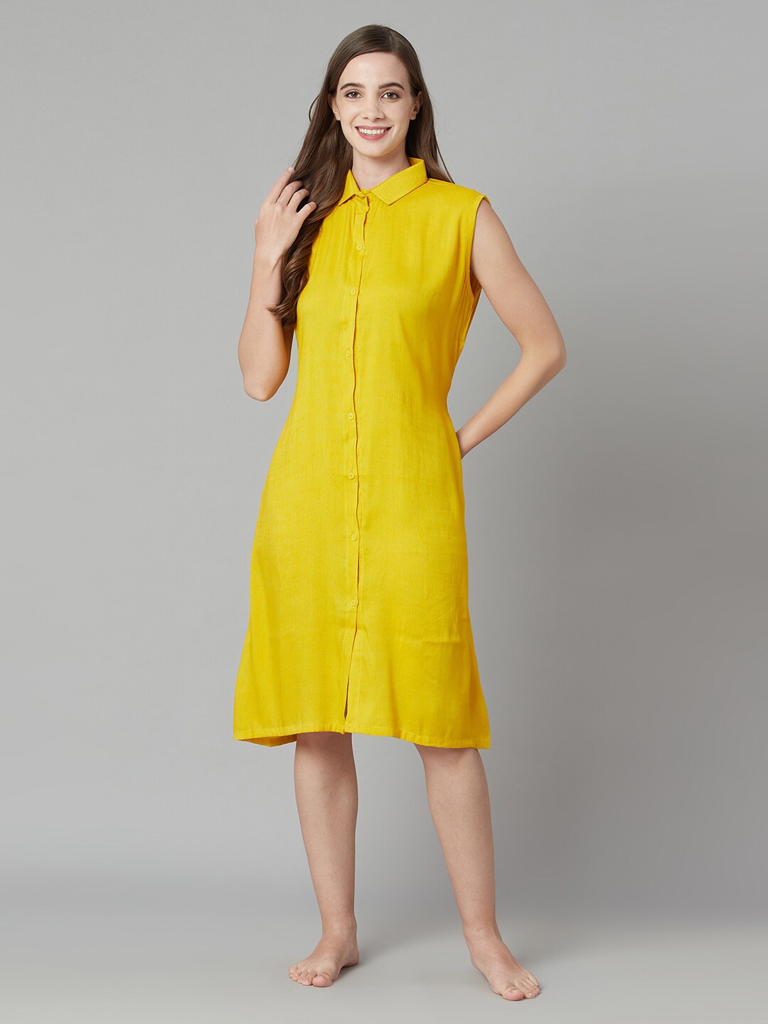 

TRUNDZ Women Yellow Solid Shirt Nightdress