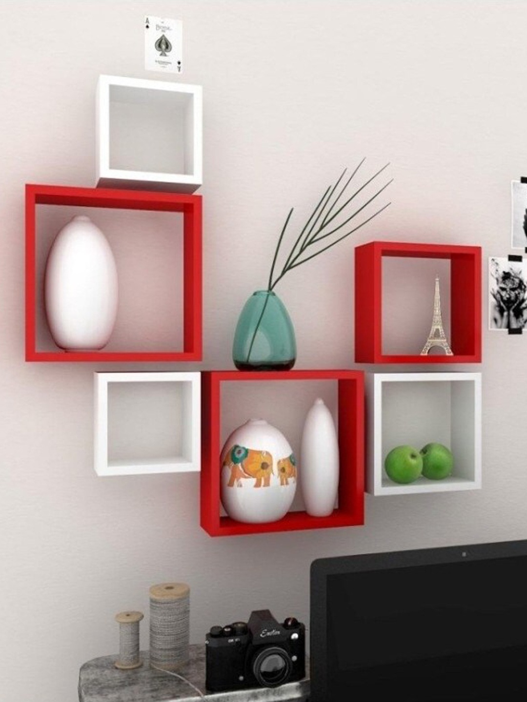 

Home Sparkle Red & White Set Of 6 MDF Pocket Wall Shelf