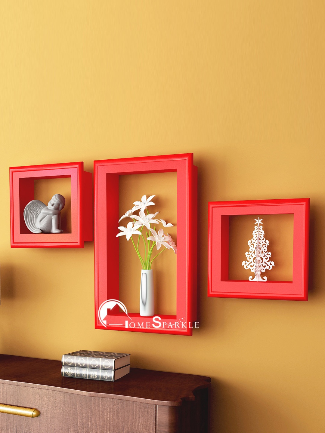 

Home Sparkle Set Of 3 Red MDF Wall Shelf