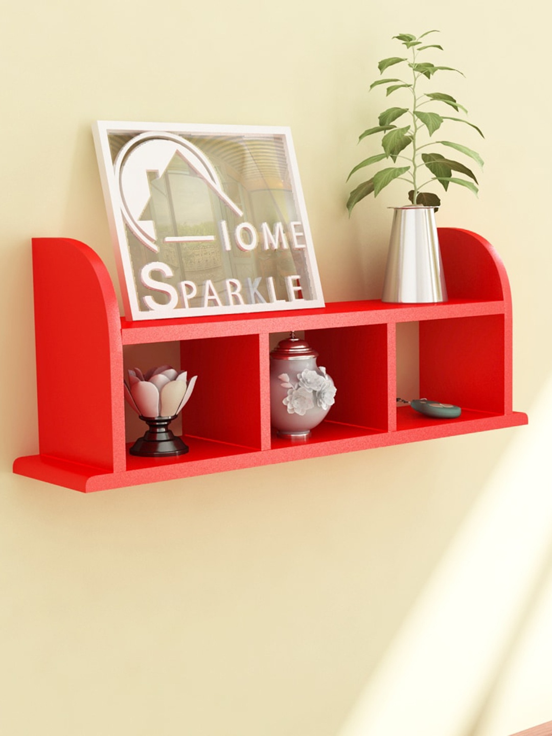 

Home Sparkle Red Wall Mounted Shelf With Three Compartments