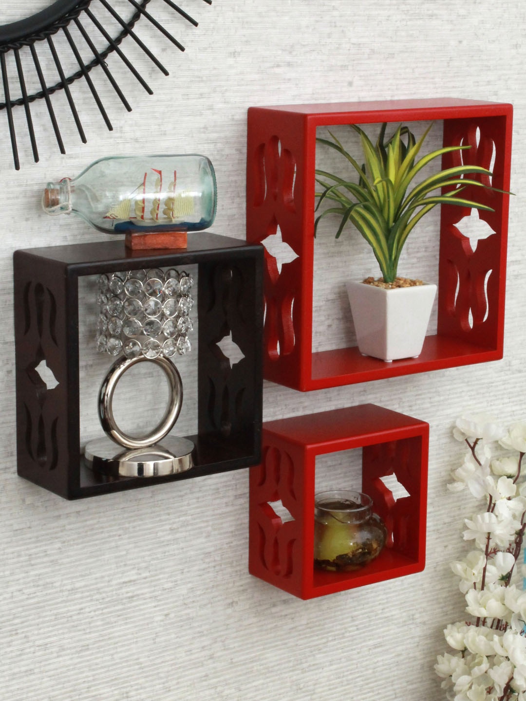 

Home Sparkle Red & Brown 3 Pieces MDF Wall Shelfs