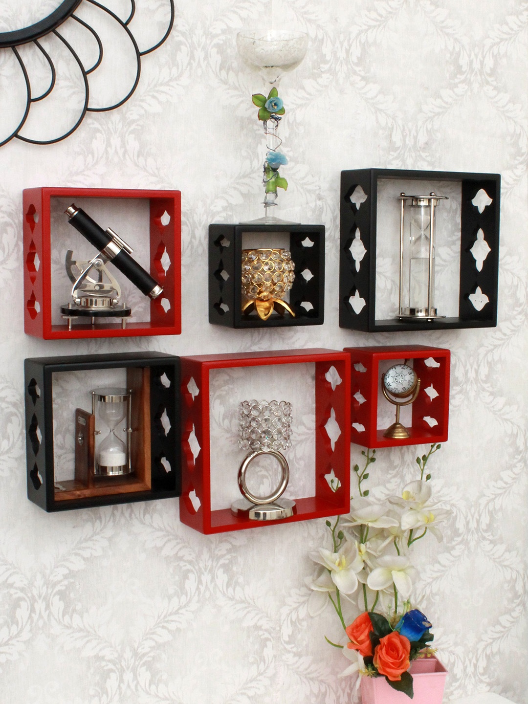

Home Sparkle Set Of 6 Brown & Red MDF Square Shaped Floating Shelves