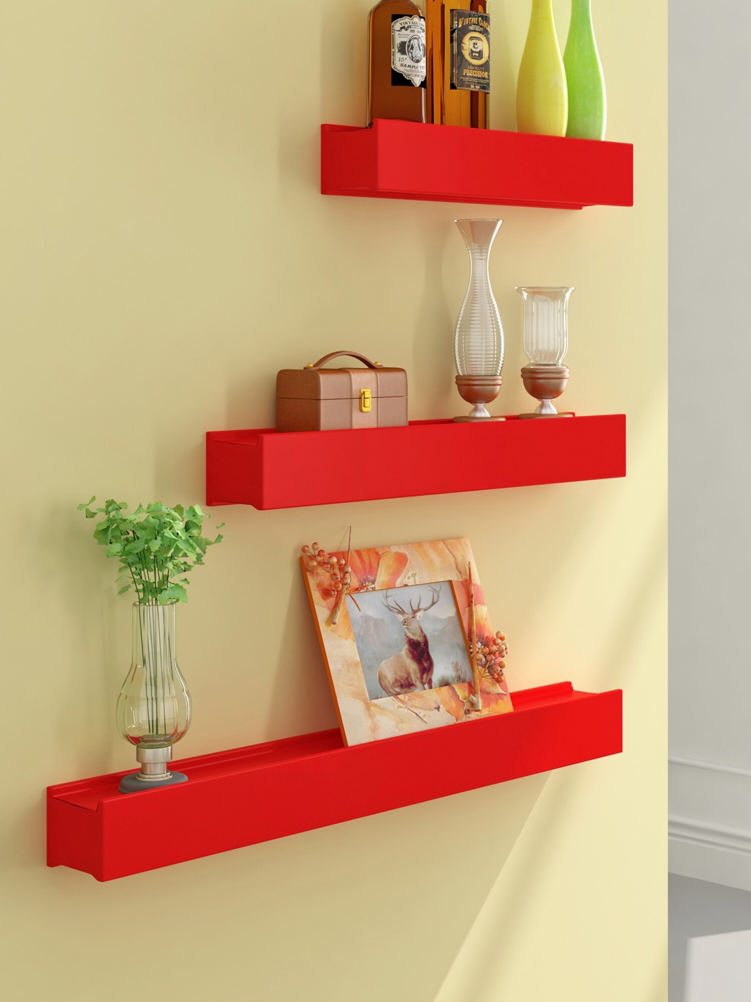 

Home Sparkle Set Of 3 Red MDF Wall Shelves