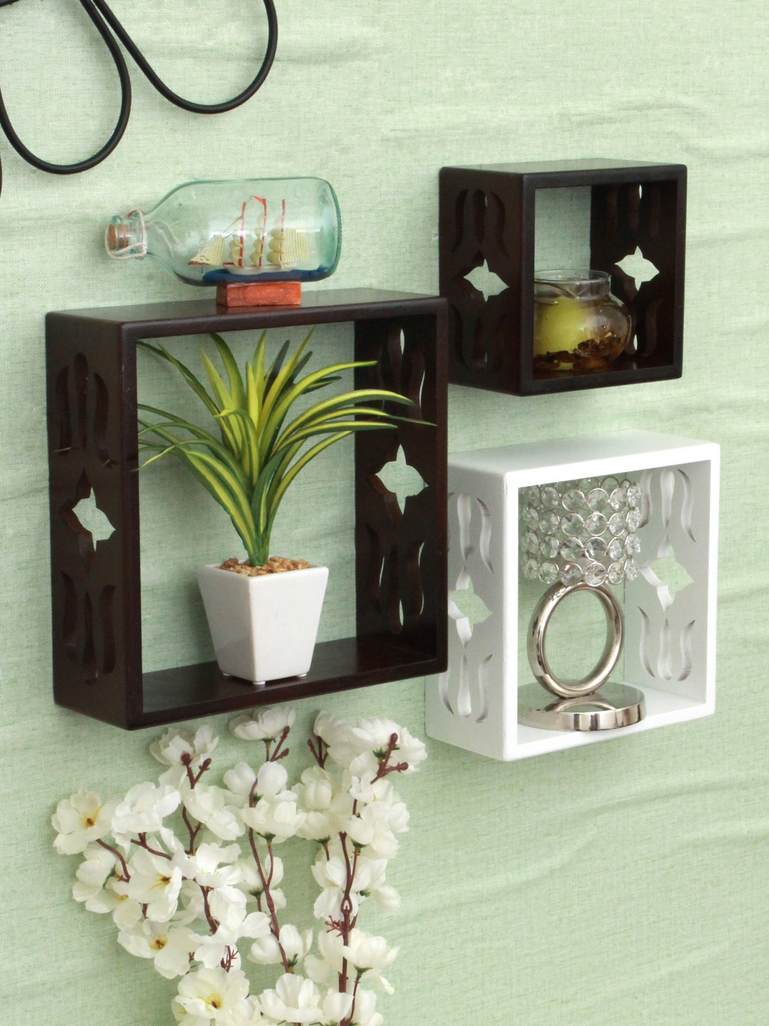 

Home Sparkle Set Of 3 Brown & White MDF Wall Shelf