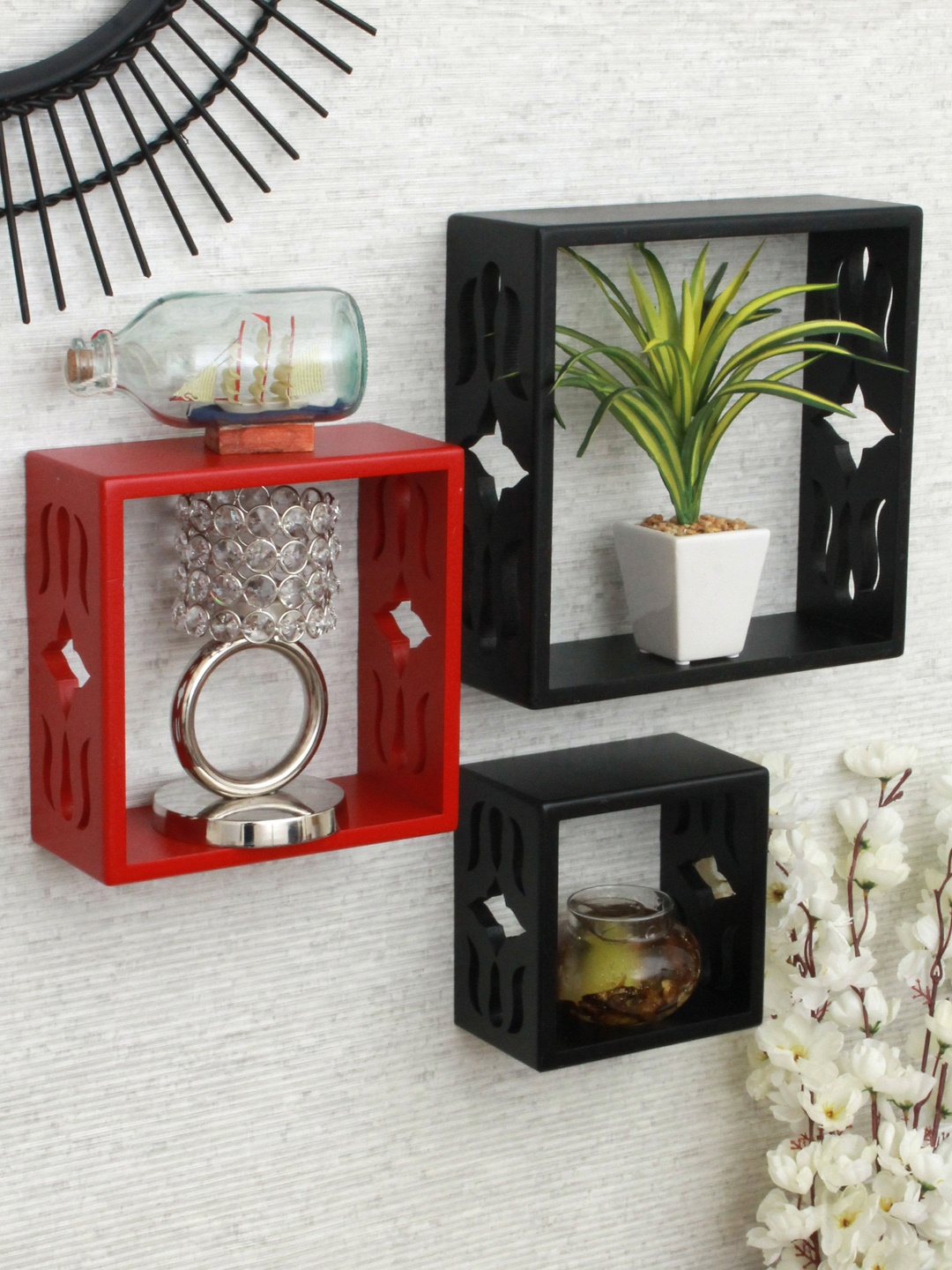 

Home Sparkle Set of 3 Black & Red MDF Pocket Wall Shelf