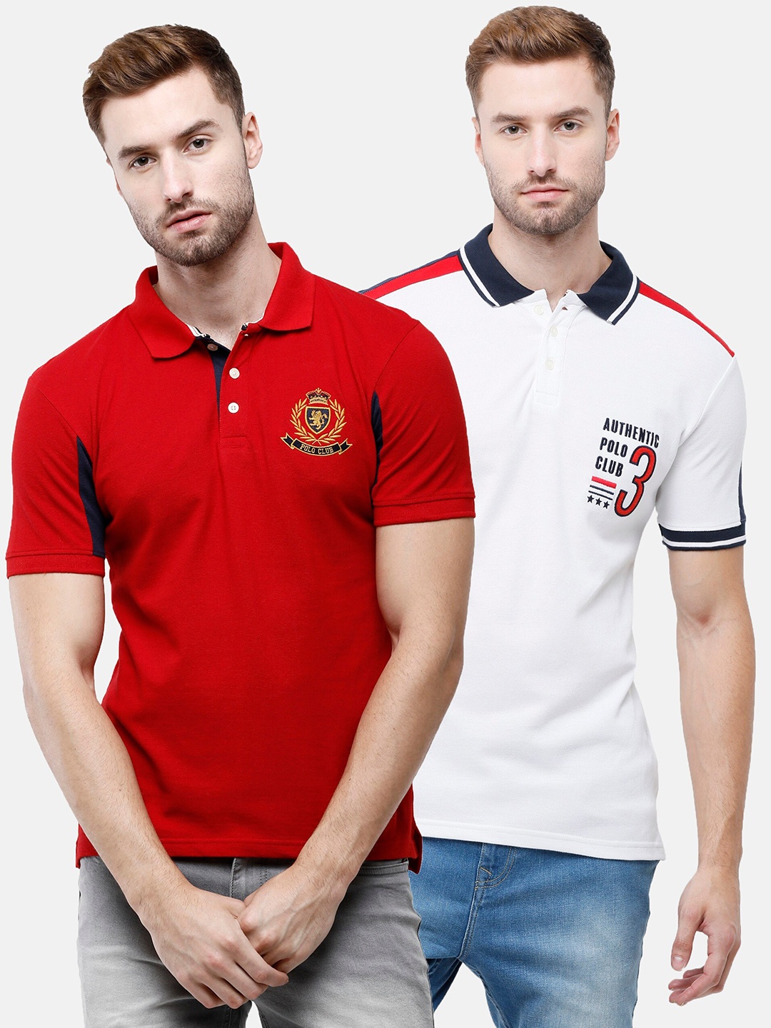 

ARDEUR Men White & Red Pack of 2 Polo Collar T-shirt