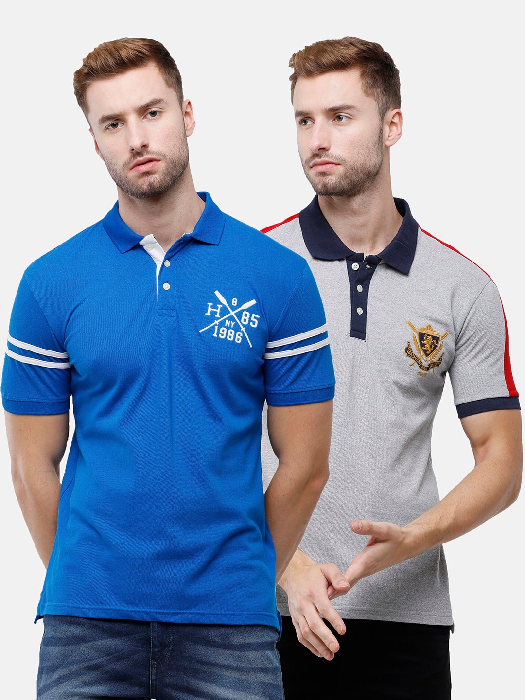 

ARDEUR Men Blue & Grey Varsity Set of 2 Printed Polo Collar T-shirt