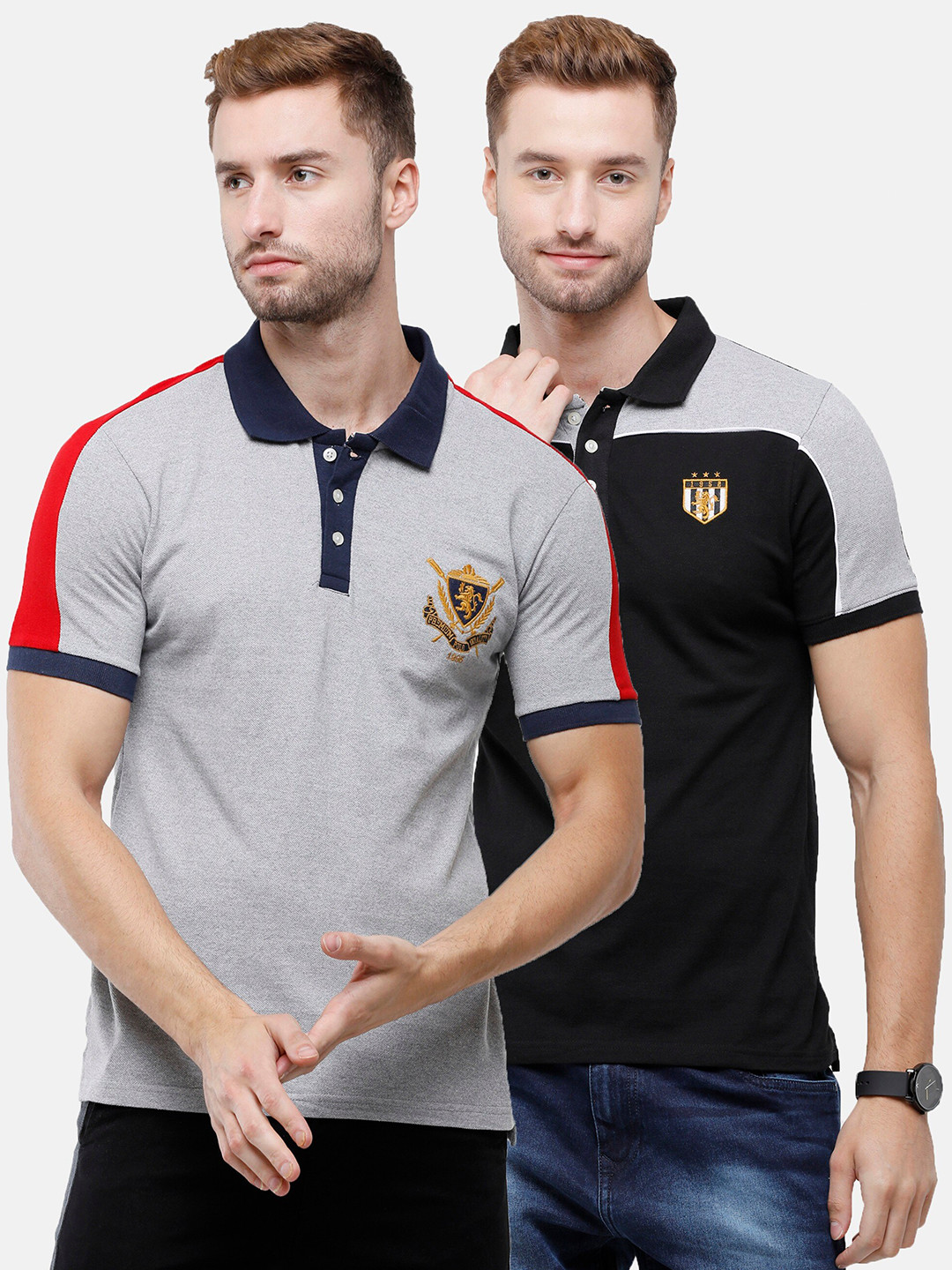 

ARDEUR Men Grey & Black Set Of 2 Polo Collar T-shirts