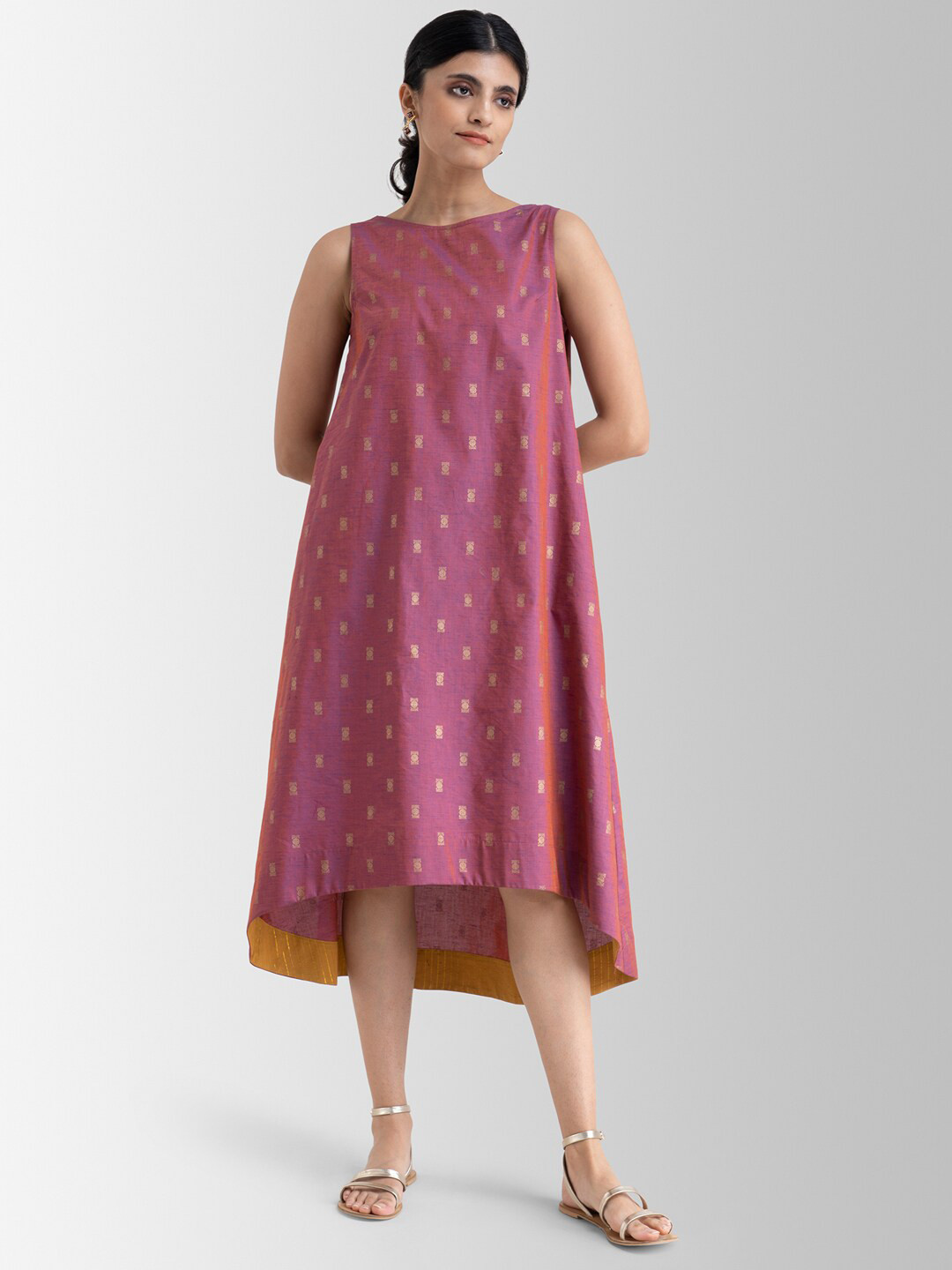 

Pink Fort Magenta Ethnic Motifs Foil Print High-Low Midi A-Line Dress