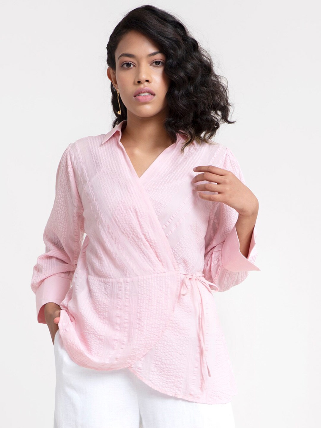 

Pink Fort Pink Cotton Seersucker Wrap Top