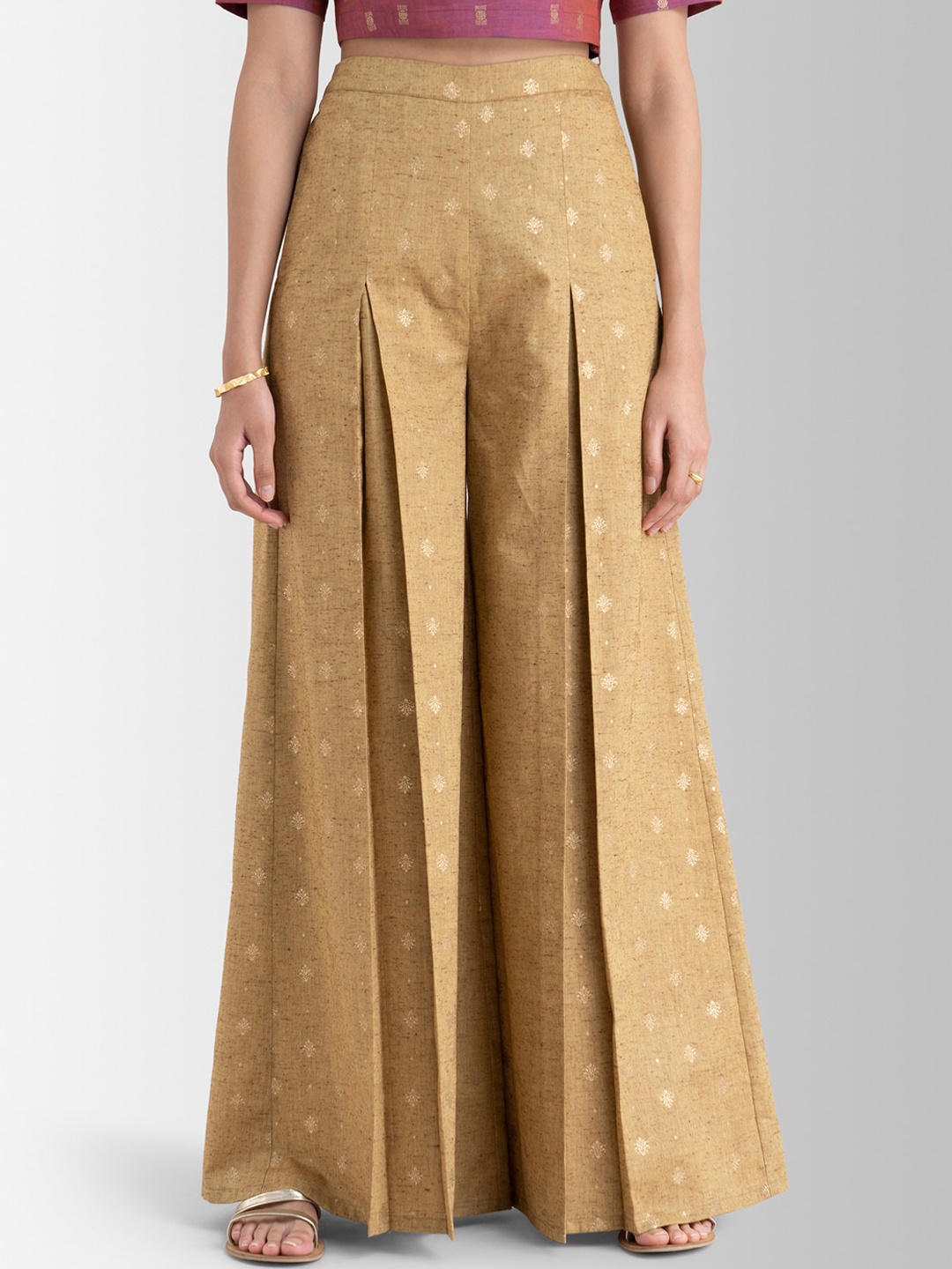 

Pink Fort Women Beige Foil Print High-Rise Pleated Flared Trousers