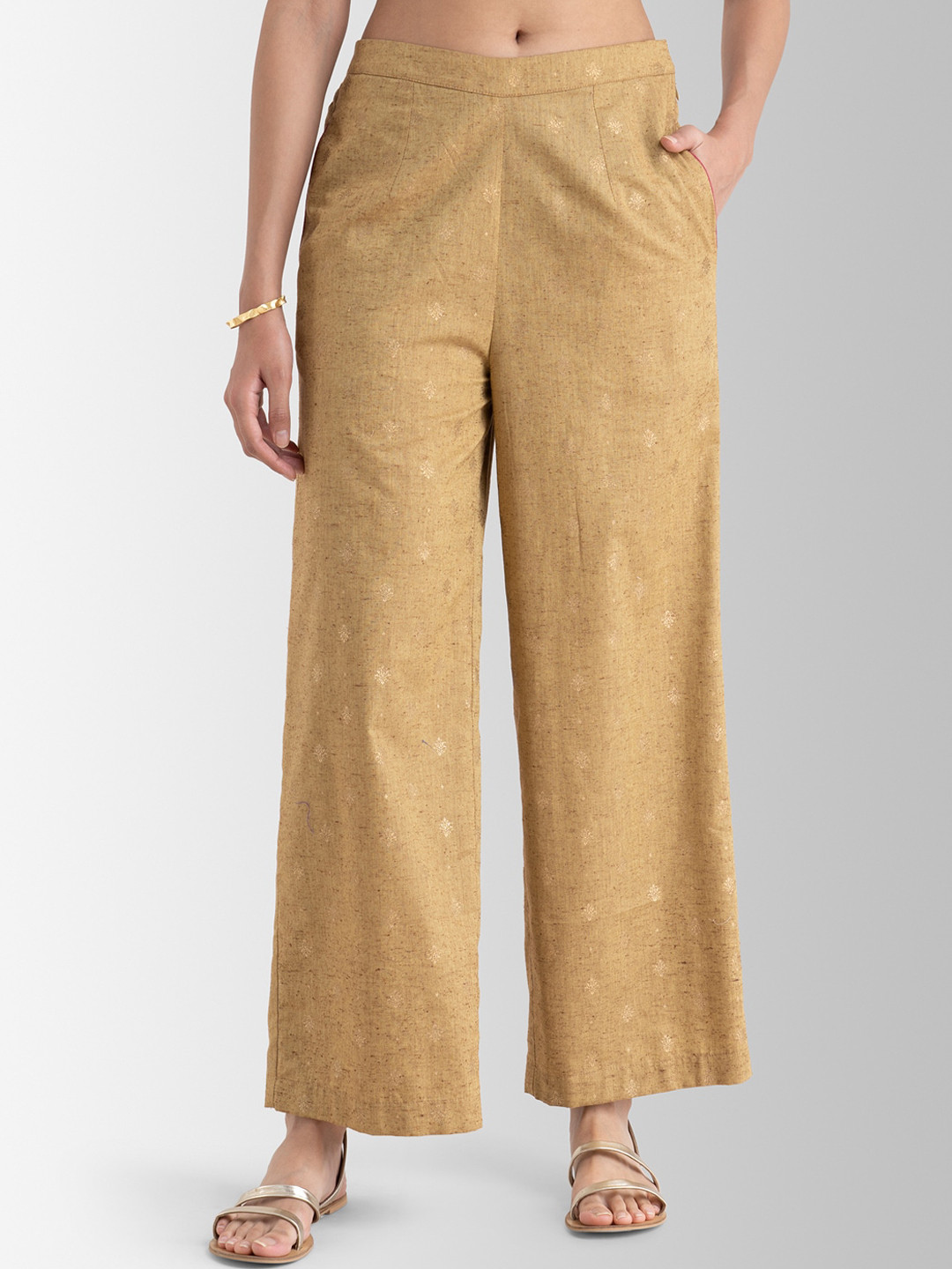 

Pink Fort Women Beige Foil Print Straight Fit Trousers