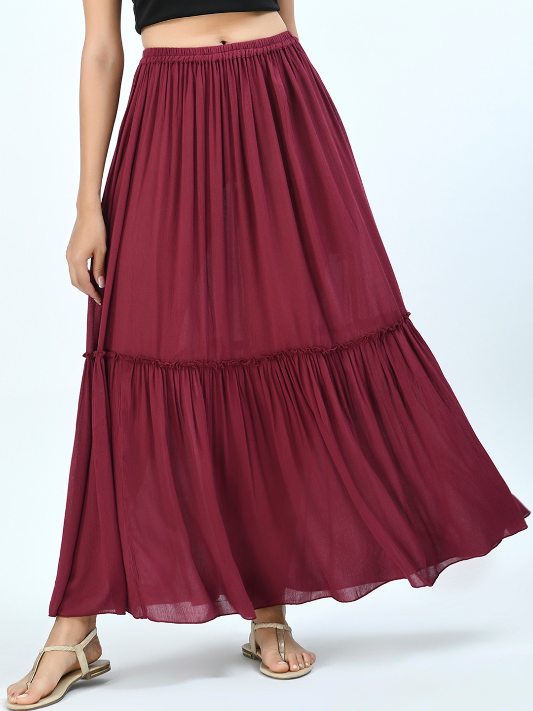 

V&M Women Maroon Solid Flared Maxi Skirt