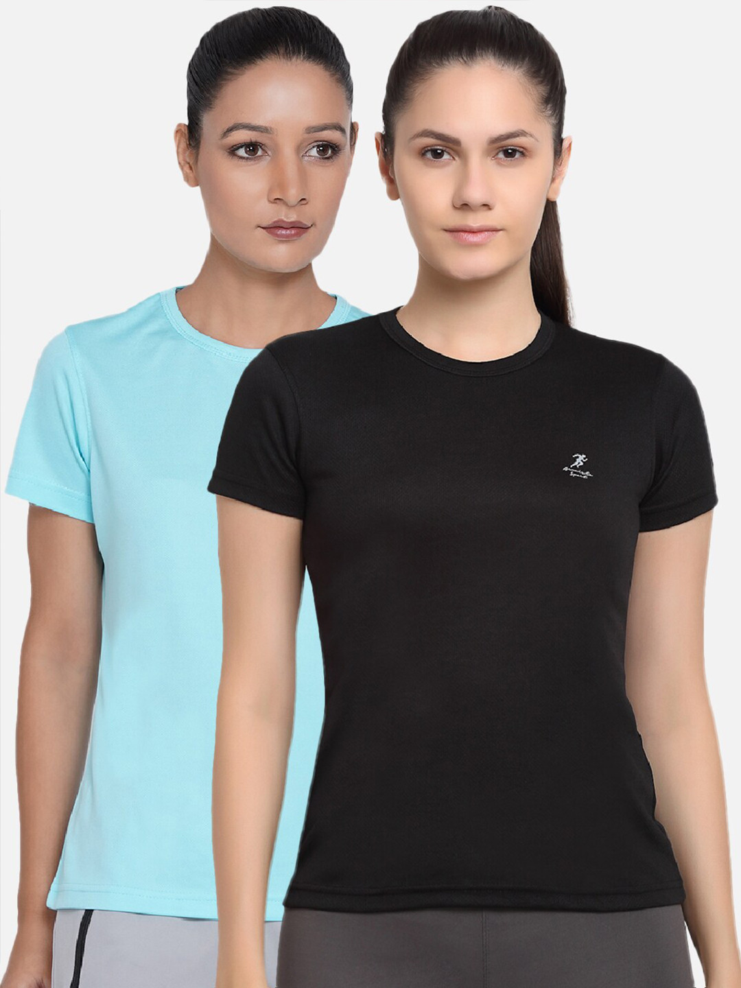 

ARMISTO Women Pack of 2 Black & Blue Dri-FIT Slim Fit Training or Gym T-shirt