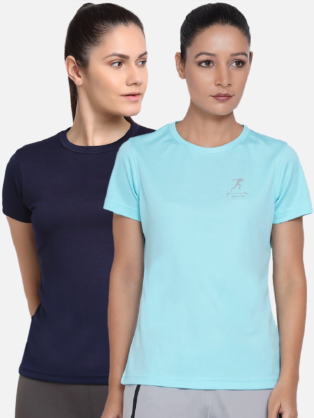 

ARMISTO Women Pack Of 2 Black & Blue Dri-FIT Slim Fit Training or Gym T-shirt