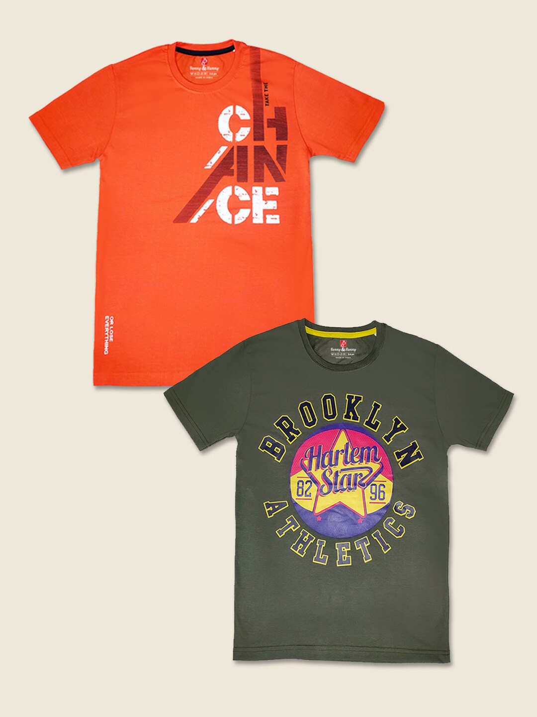 

Benny n Bunny Boys Orange & Olive Pack Of 2 Typography Printed Pure Cotton T-shirt