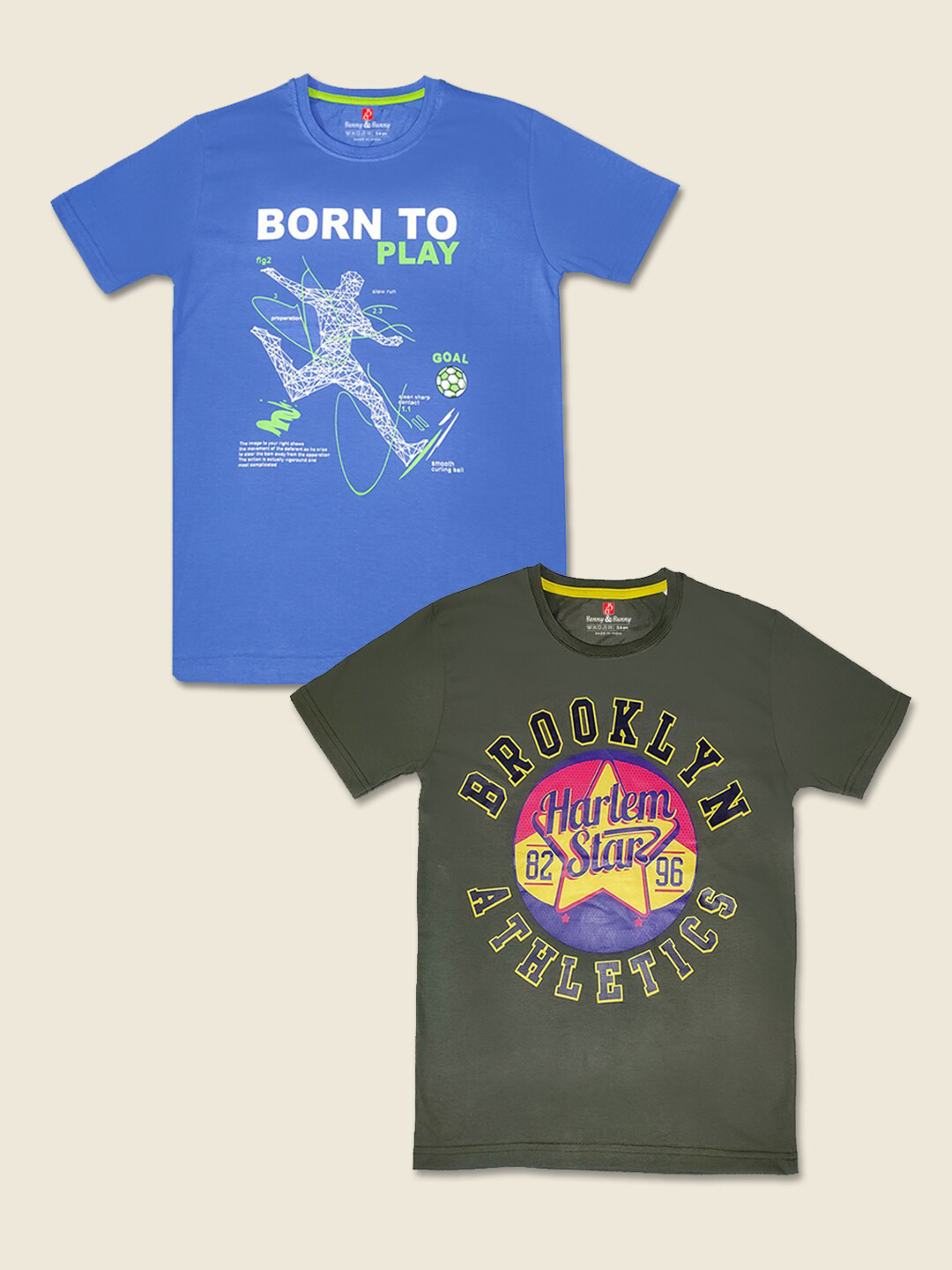 

Benny n Bunny Boys Pack of 2 Typography Printed Pure Cotton T-shirts, Blue