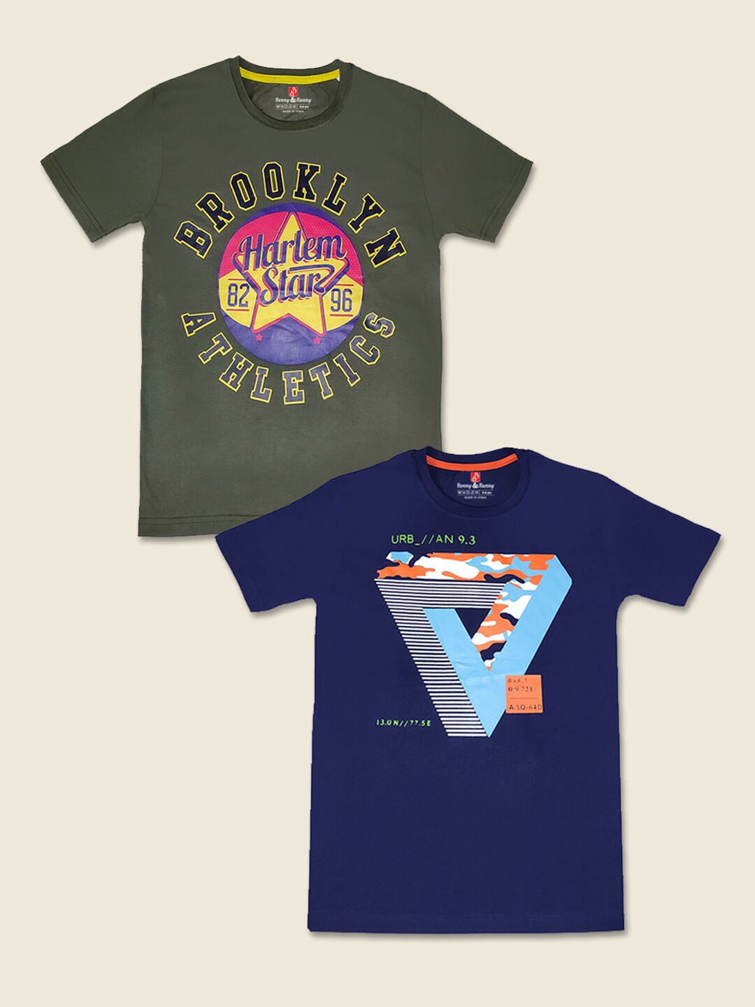 

Benny n Bunny Pack of 2 Boys Olive Green & Navy Blue Printed Pure Cotton T-shirt