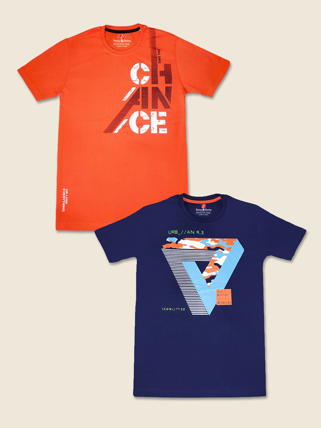 

Benny n Bunny Boys Pack of 2 Printed Pure Cotton T-shirts, Orange
