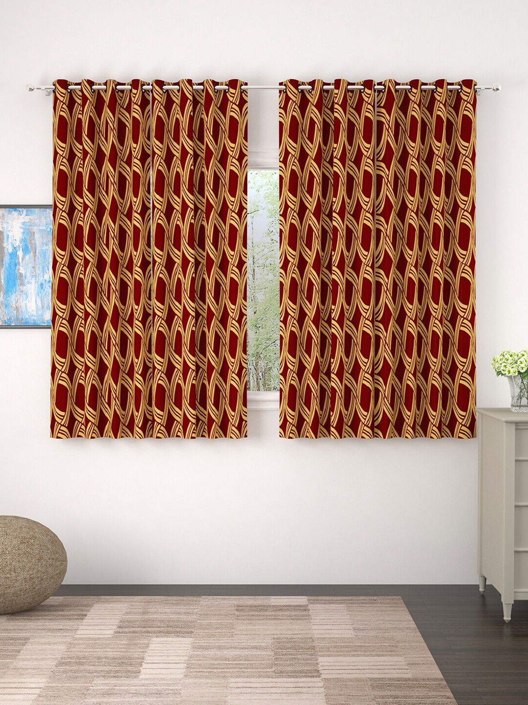 

Bedspun Maroon & Yellow Set of 4 Geometric Window Curtains