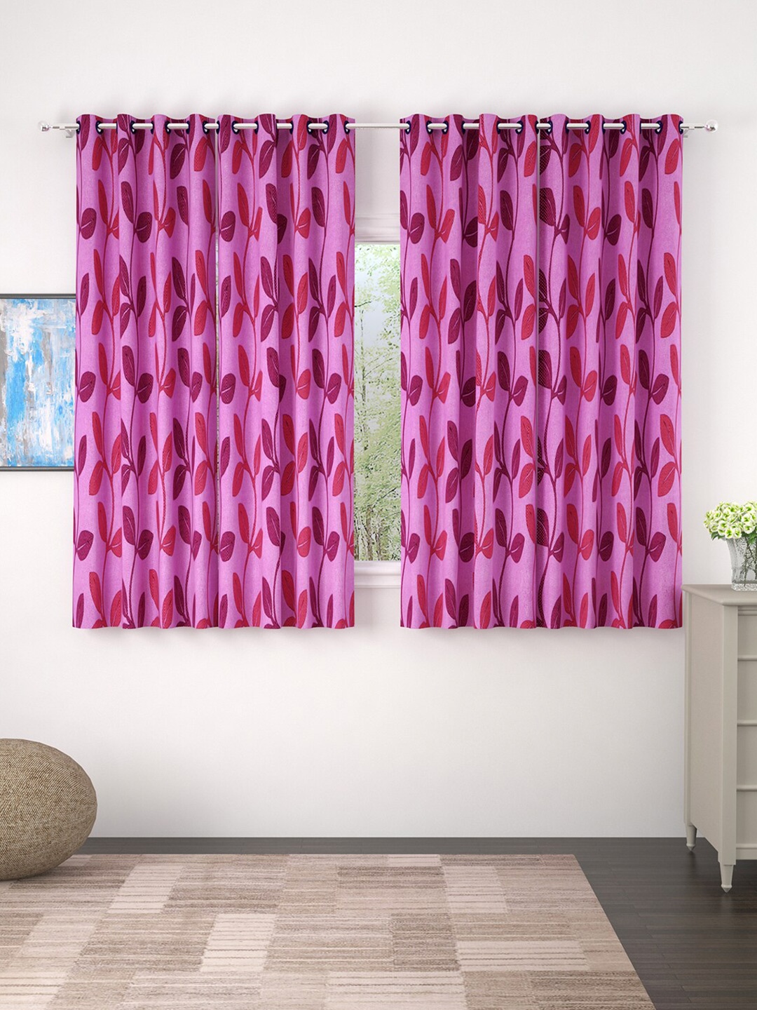 

Bedspun Set Of 4 Purple Floral Printed Window Curtains