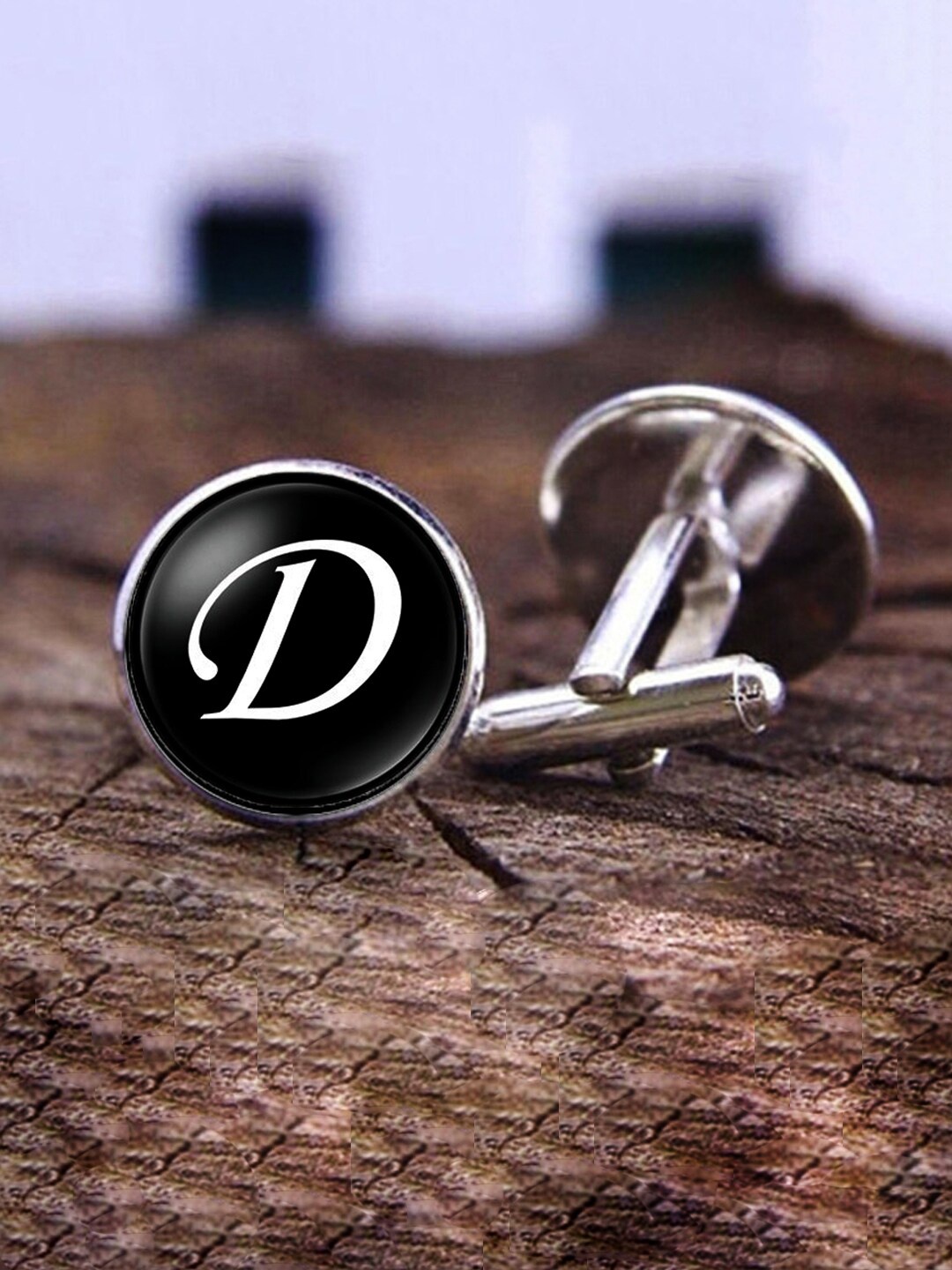 

Yellow Chimes Black & Silver-Toned Alphabet D Statement Stainless Steel Cufflinks