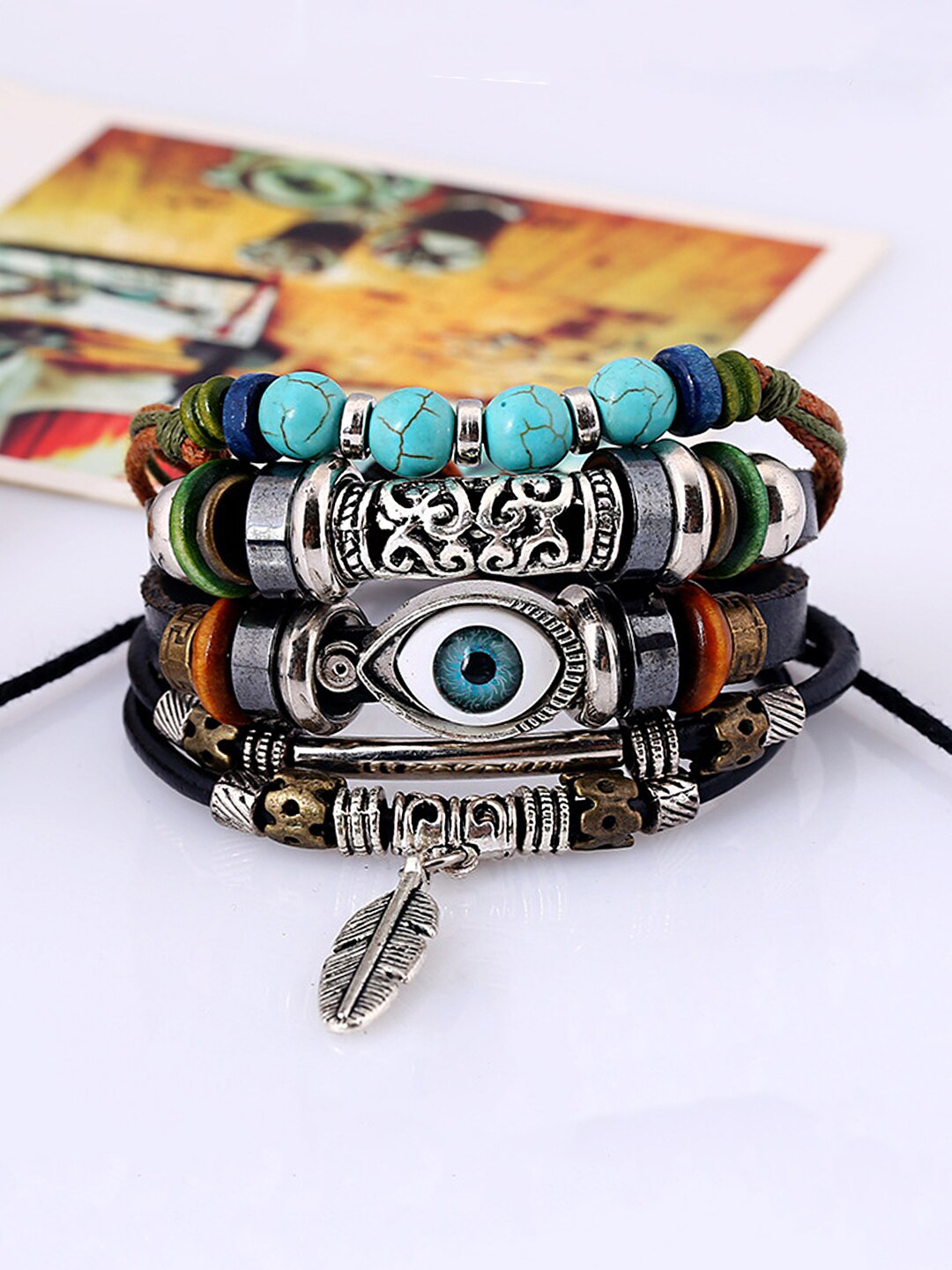 

Yellow Chimes Unisex Evil Eye Black & Blue Leather Wraparound Bracelet