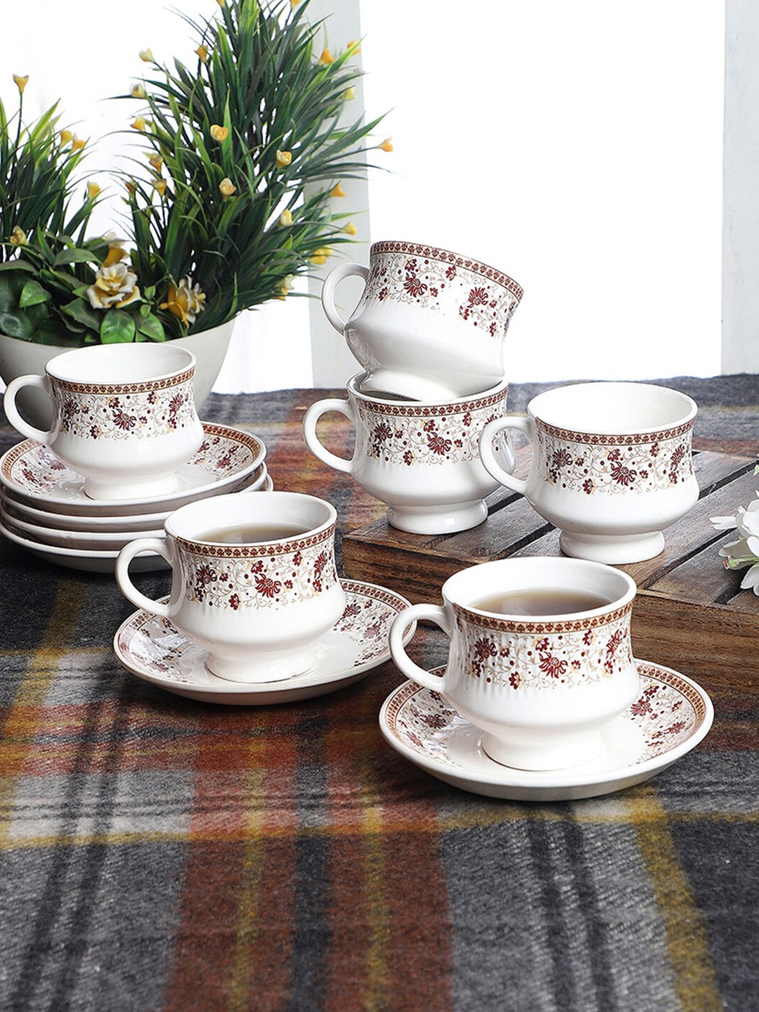 

CDI Set Of 12 White & Brown Floral Printed Bone China Glossy Cups and Saucers