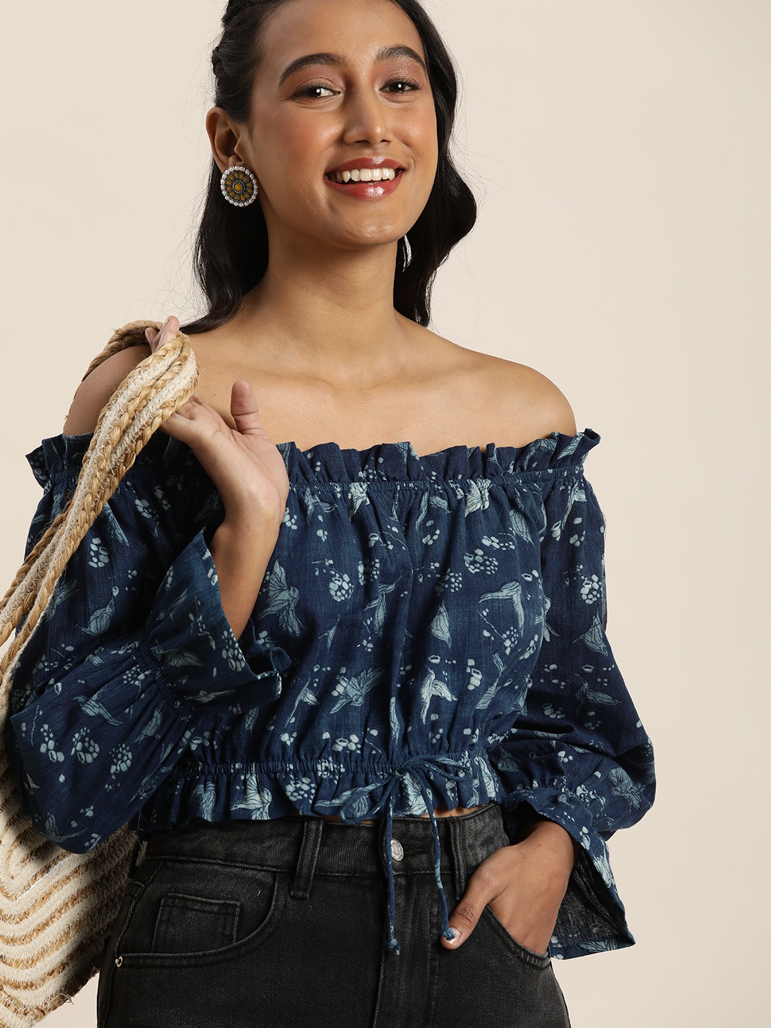 

Taavi Blue Indigo Print Off-Shoulder Blouson Pure Cotton Crop Top