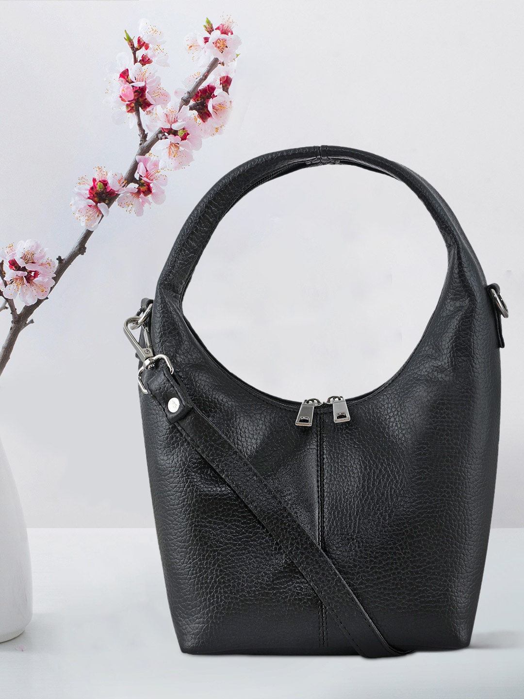 

Toteteca Black Textured Structured Hobo Bag