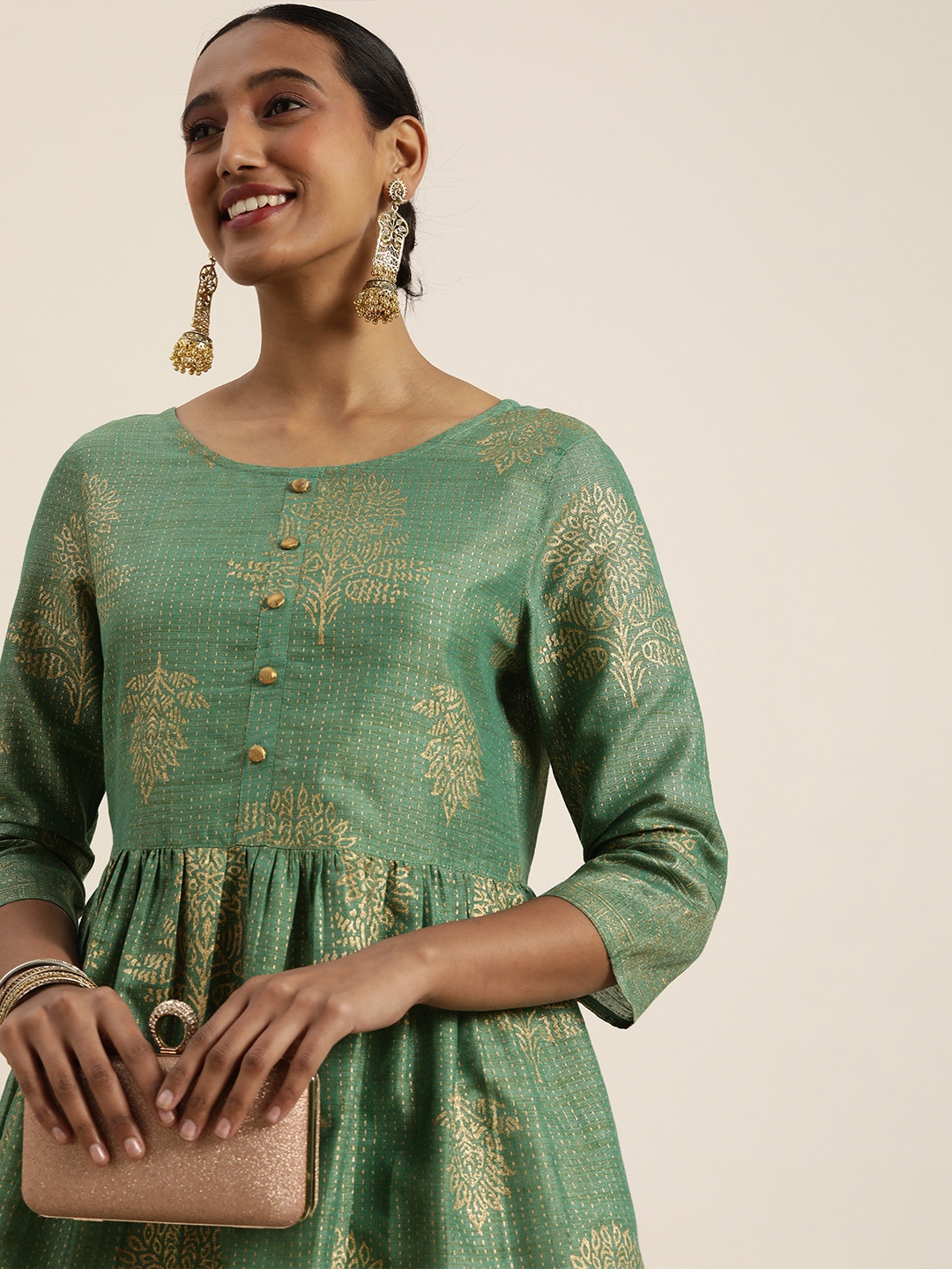 

Taavi Green & Gold Kanchi Gold Khari Print Kurti with Gathers & Pleats