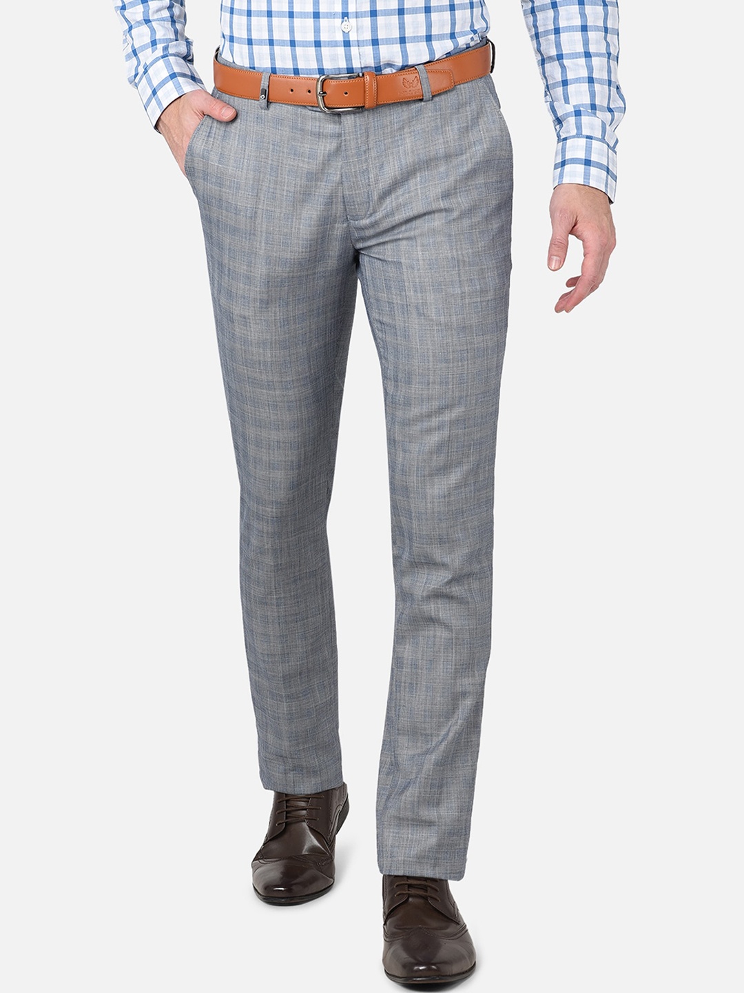 

Oxemberg Men Grey & Blue Checked Smart Slim Fit Wrinkle Free Formal Trousers
