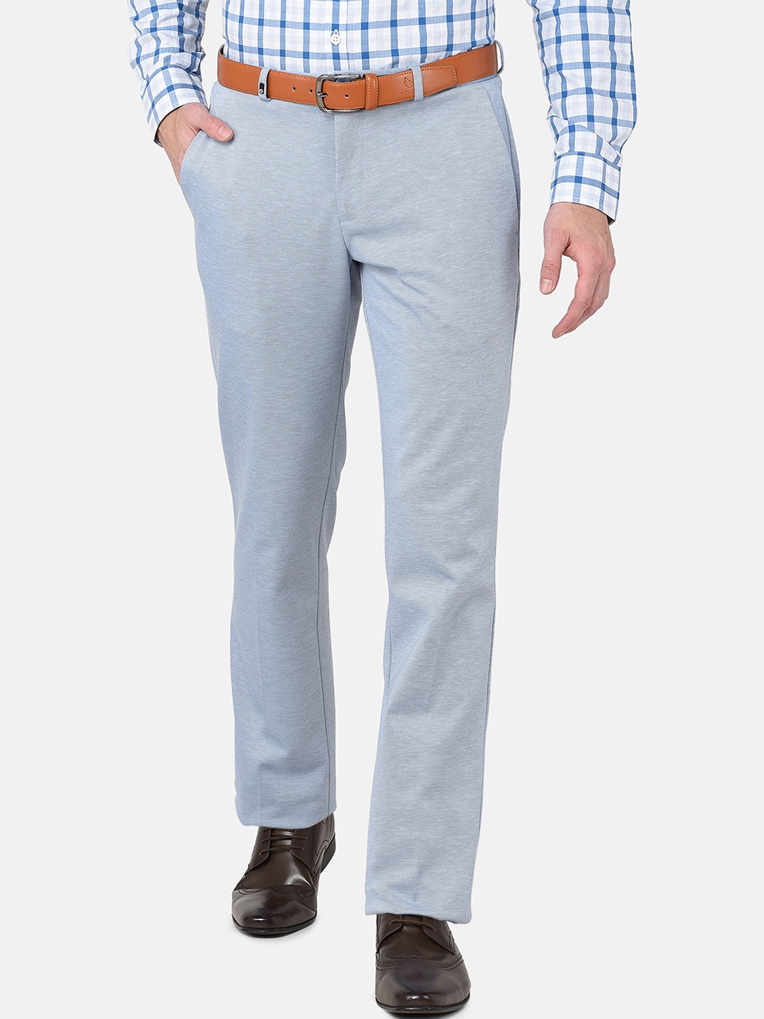 

Oxemberg Men Blue Textured Smart Slim Fit Wrinkle Free Trousers